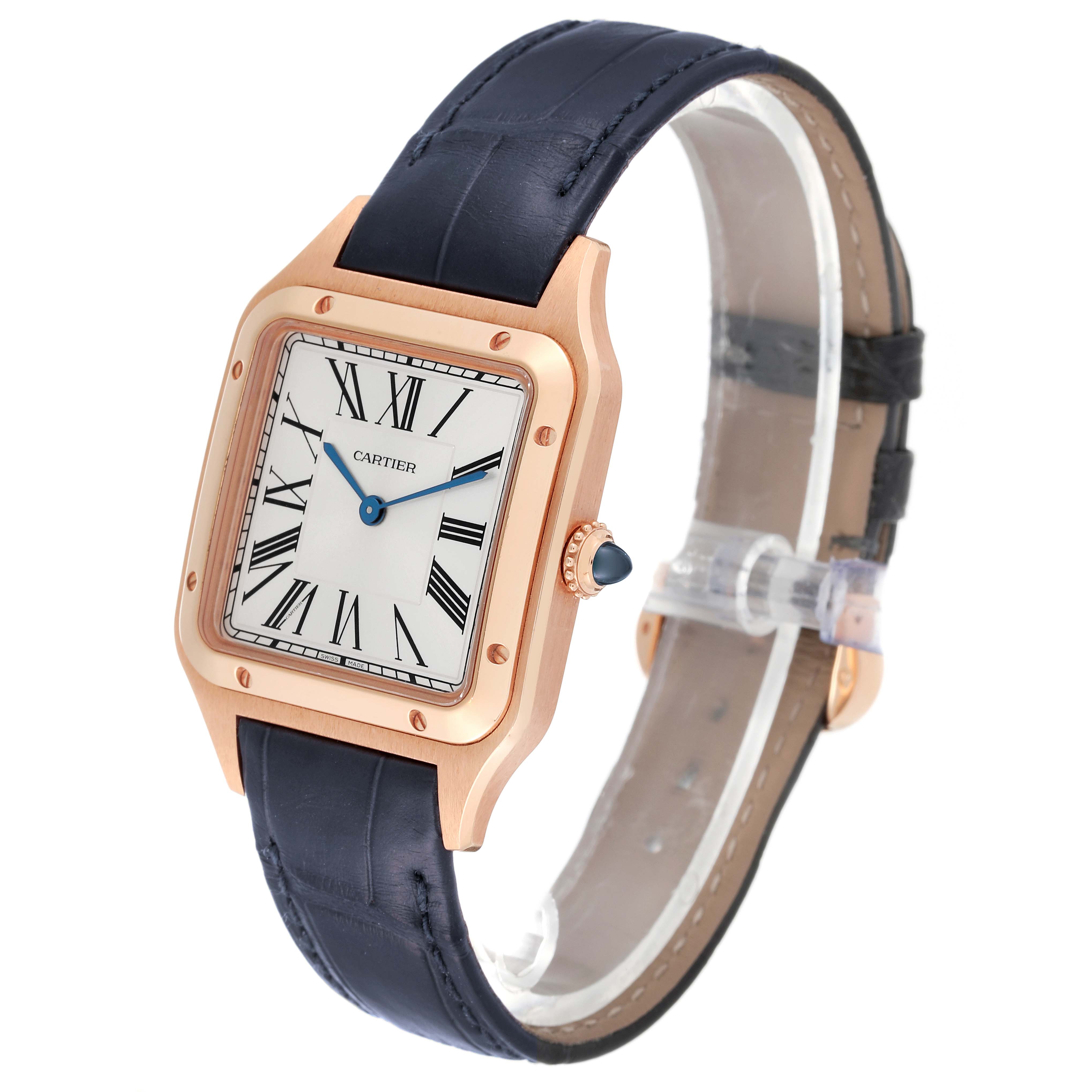 The Cartier Santos Dumont WGSA0021 Men's Rose Gold Silver Dial WGSA0021 Men's Rose Gold Silver Dial watch is shown at a three-quarter angle, displaying its face, bezel, and strap.