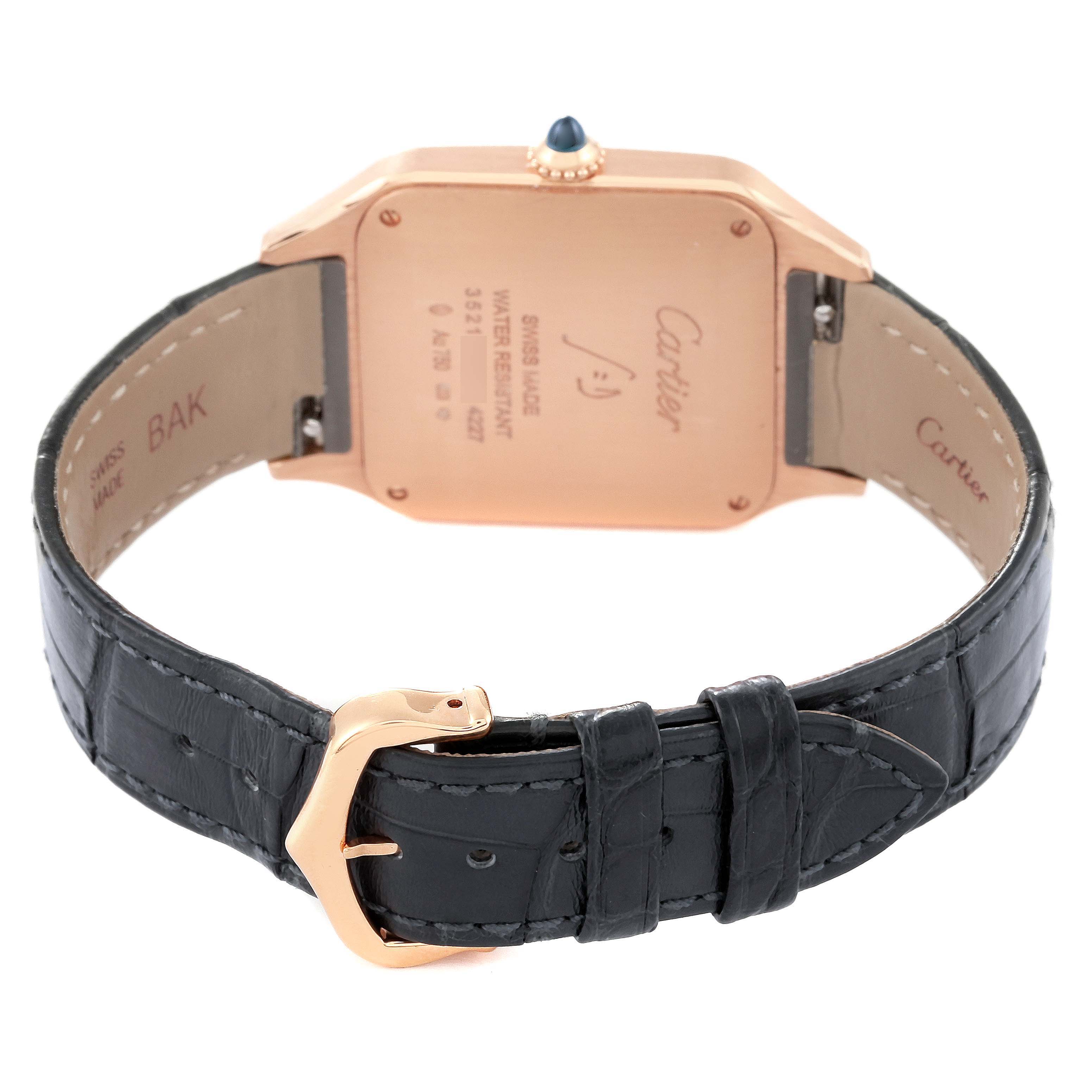 This image shows the back of a Cartier Santos Dumont WGSA0021 Men's Rose Gold Silver Dial WGSA0021 Men's Rose Gold Silver Dial model watch, highlighting the case back, strap, and buckle.
