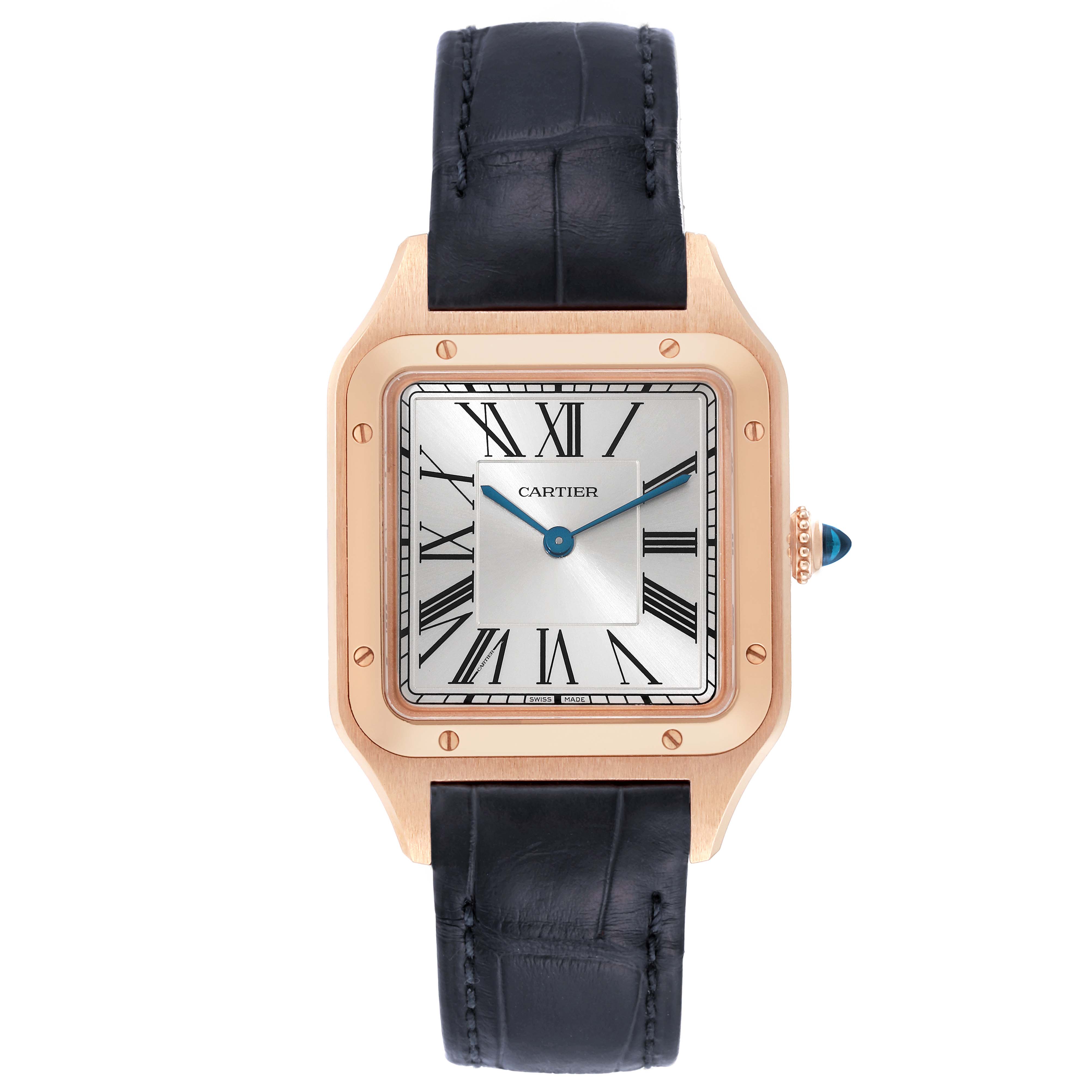 This image shows a Cartier Santos Dumont WGSA0021 Men's Rose Gold Silver Dial WGSA0021 Men's Rose Gold Silver Dial watch from a front view, displaying the face, hands, case, and strap.