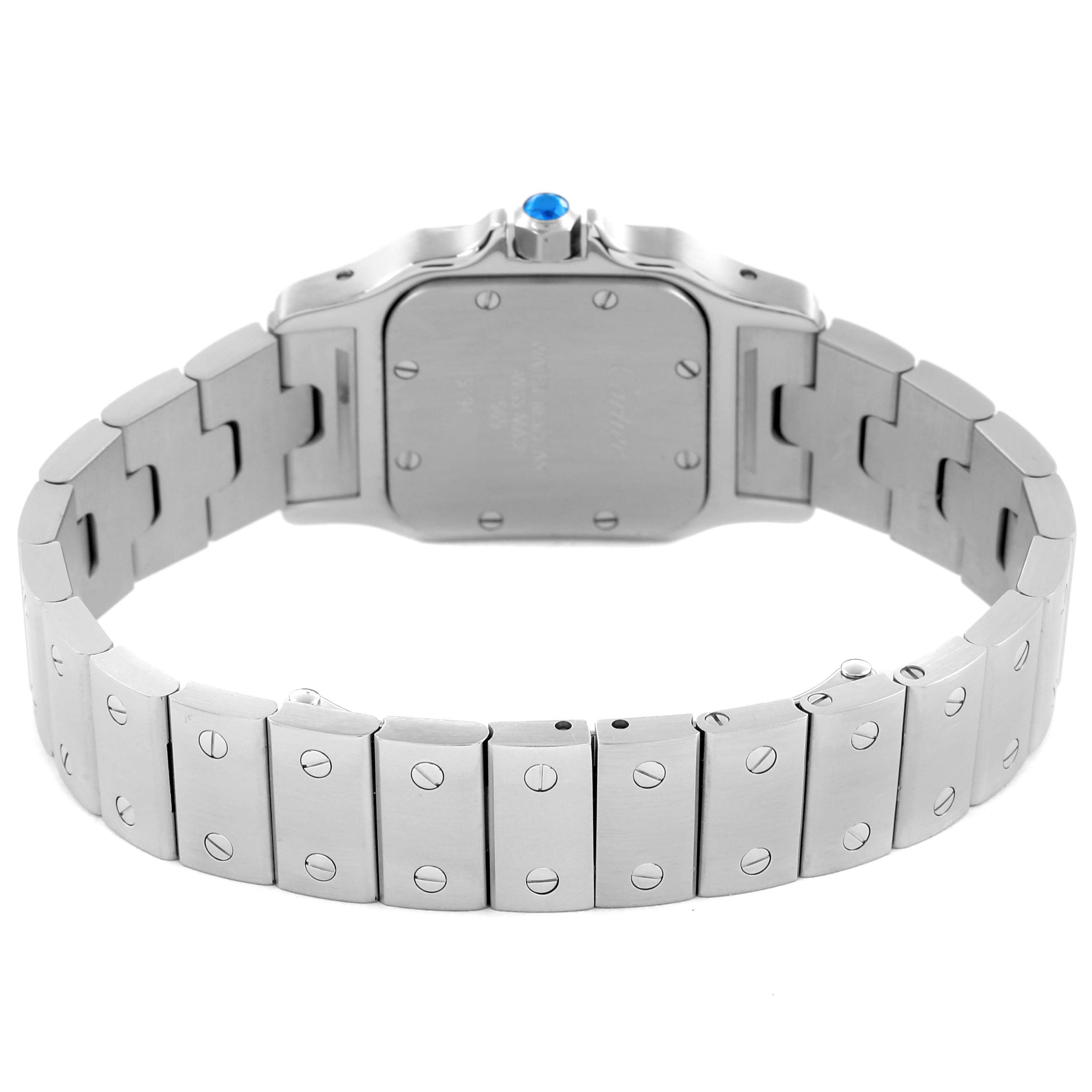 The image shows the back and bracelet of the Cartier Santos W20056D6 Women's Stainless Steel Silver Dial W20056D6 Women's Stainless Steel Silver Dial watch, highlighting the watch case and metal links.