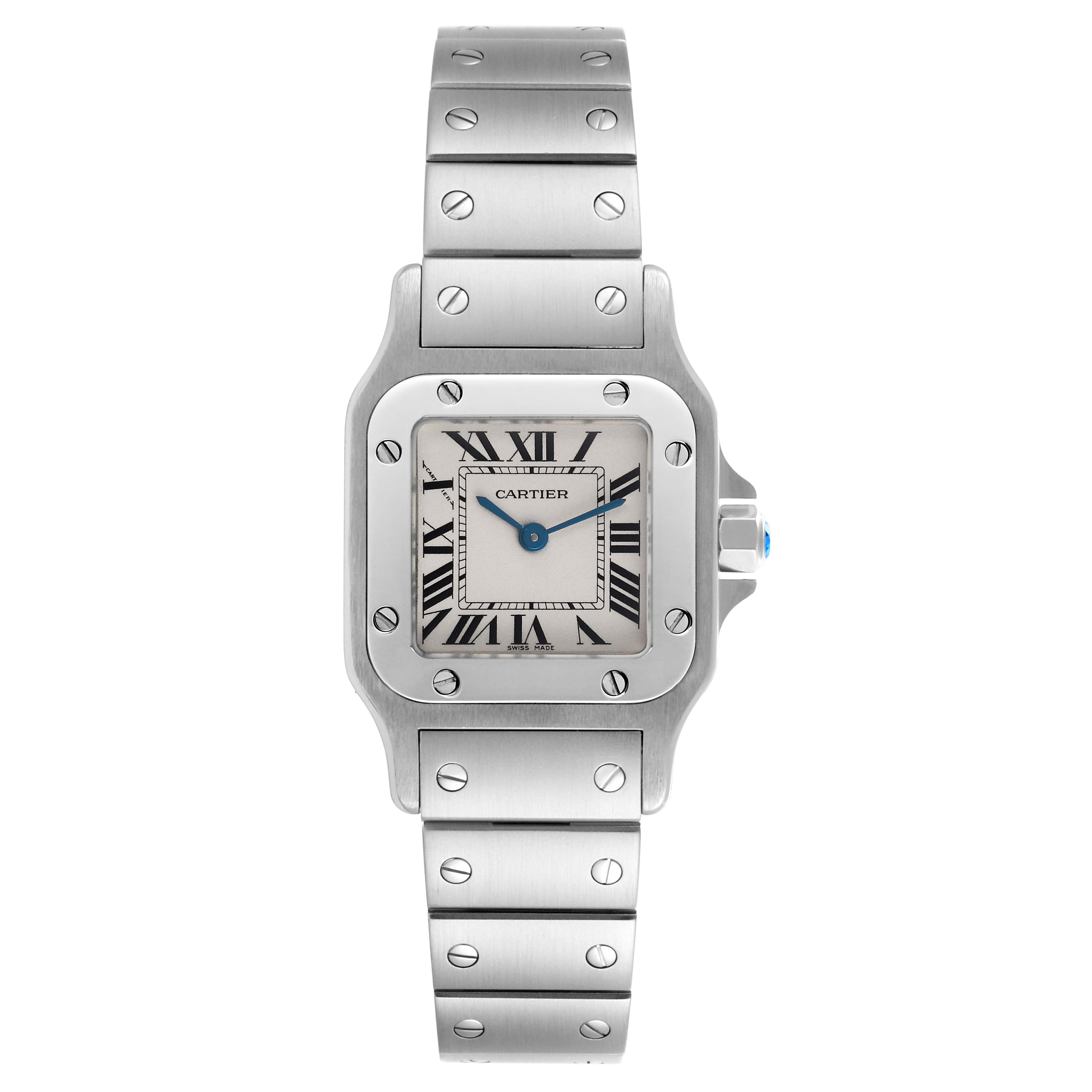 The Cartier Santos W20056D6 Women's Stainless Steel Silver Dial W20056D6 Women's Stainless Steel Silver Dial watch is shown from a front angle, displaying the face, bezel, and bracelet.