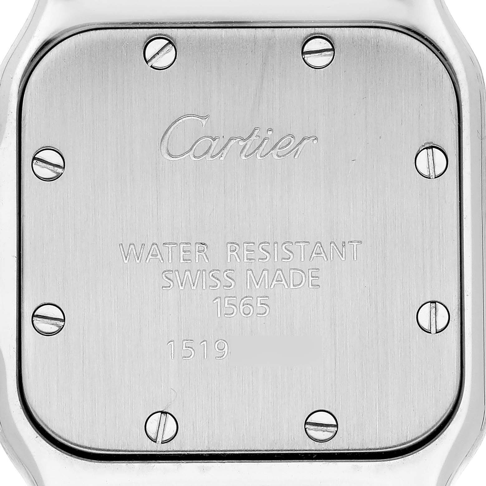 The image shows the back case of a Cartier Santos W20056D6 Women's Stainless Steel Silver Dial W20056D6 Women's Stainless Steel Silver Dial watch, featuring screws and engraved details.