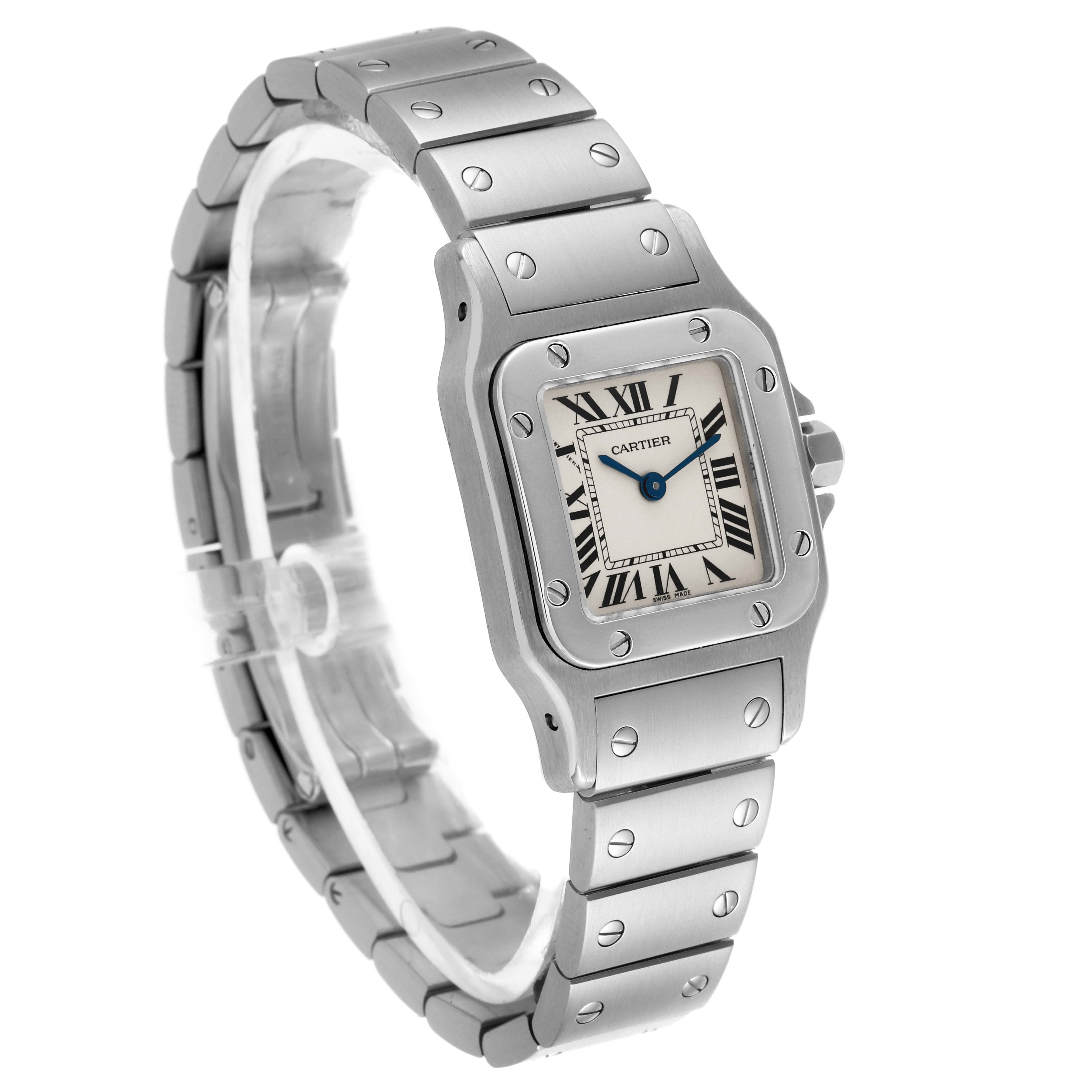 The Cartier Santos W20056D6 Women's Stainless Steel Silver Dial W20056D6 Women's Stainless Steel Silver Dial watch is shown at a three-quarter angle, highlighting the face and bracelet.