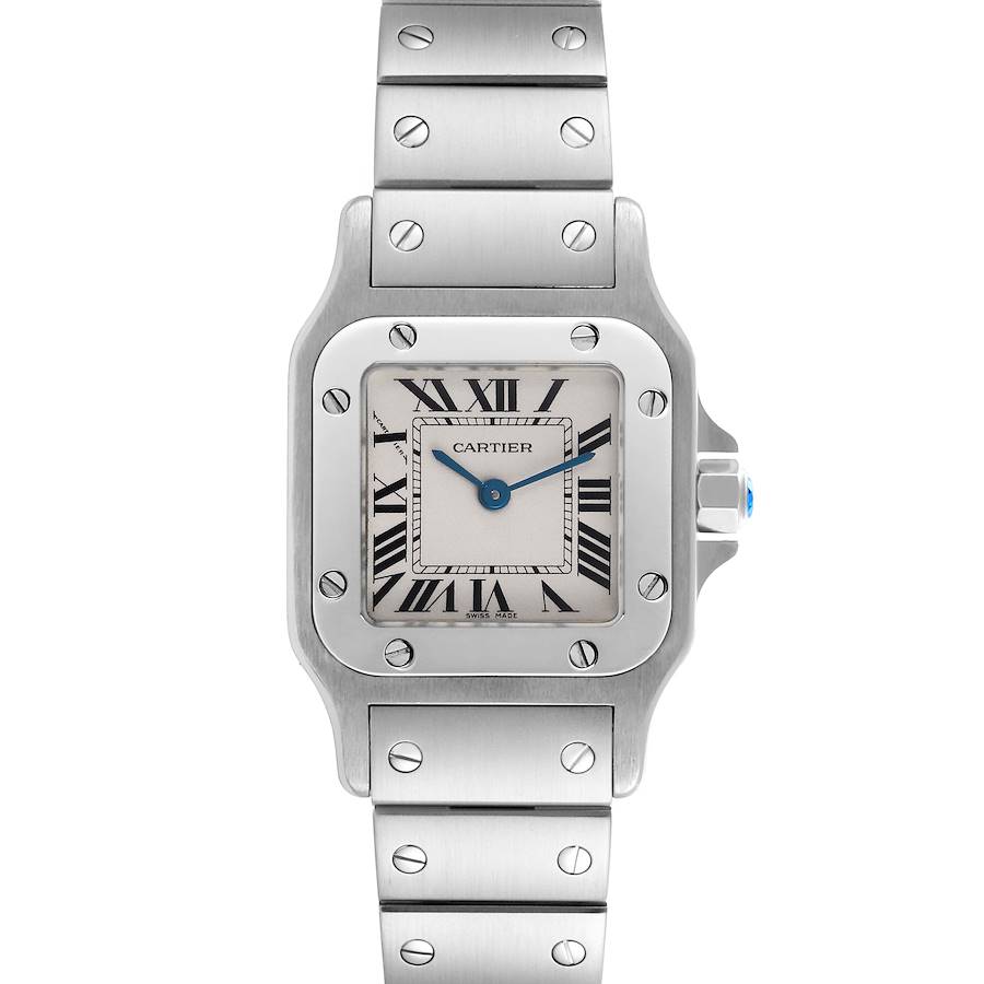 The Cartier Santos watch is shown from the front, displaying the face, bezel, and part of the bracelet.