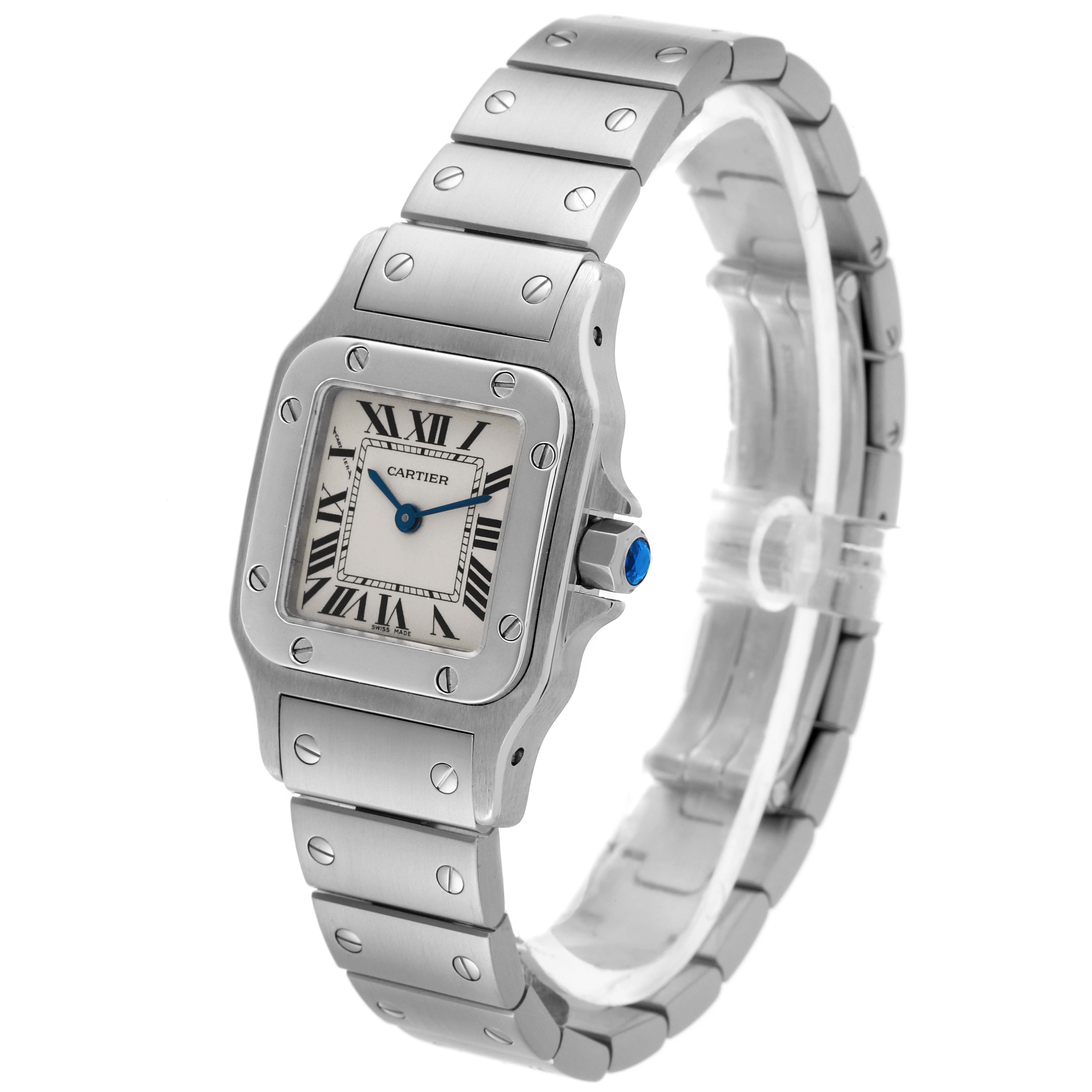 The Cartier Santos W20056D6 Women's Stainless Steel Silver Dial W20056D6 Women's Stainless Steel Silver Dial watch is shown at a slight angle, highlighting the face, bezel, and bracelet.