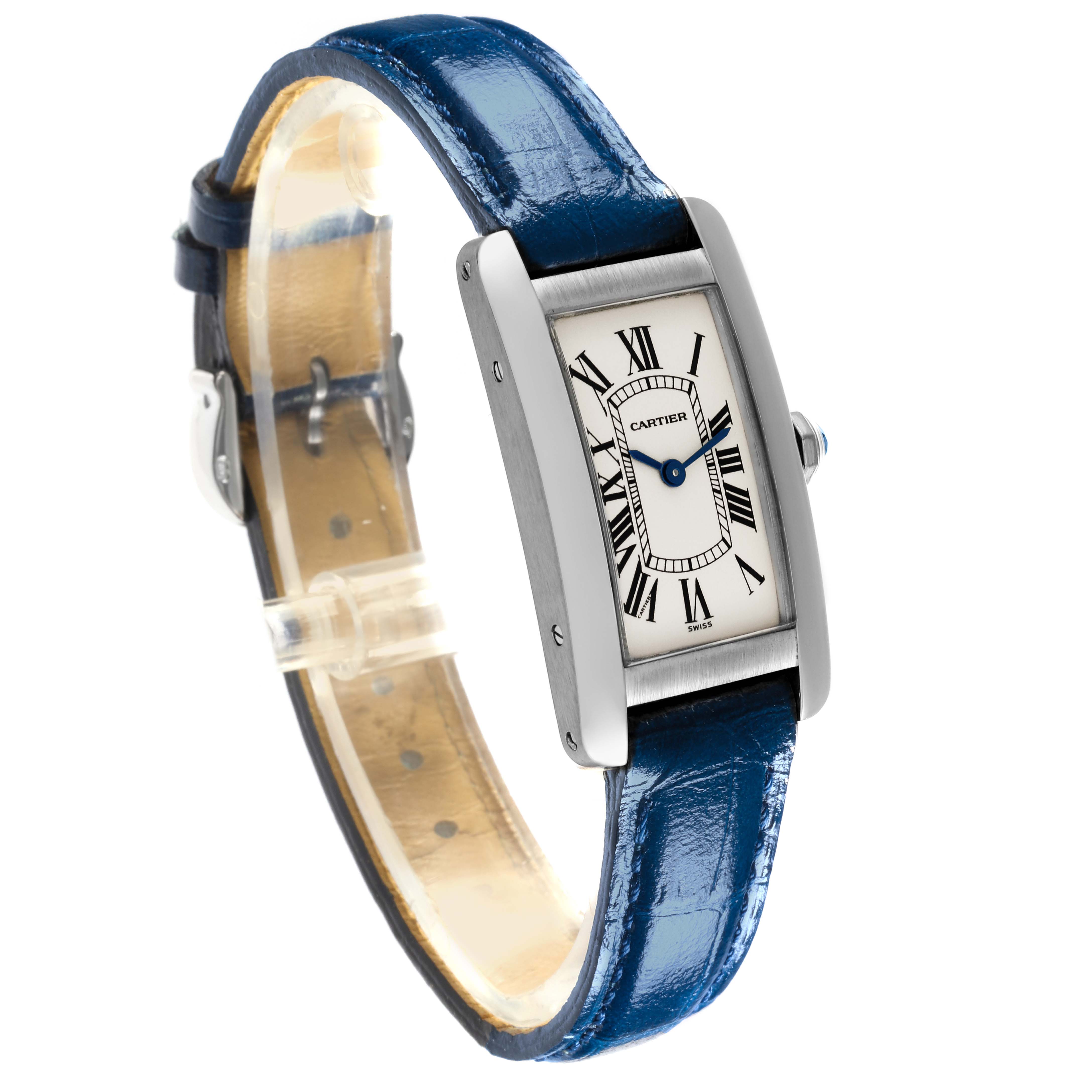 The Cartier Tank Americaine W2601956 Women's White Gold Silver Dial W2601956 Women's White Gold Silver Dial watch is shown at an angle displaying its face, strap, and side profile.