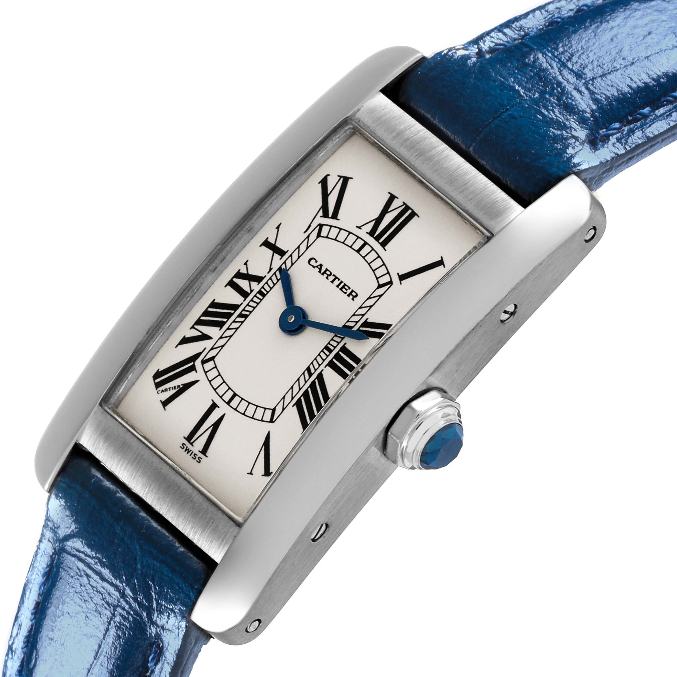 The Cartier Tank Americaine W2601956 Women's White Gold Silver Dial W2601956 Women's White Gold Silver Dial watch is shown from an angled side view, highlighting the face, bezel, crown, and strap.