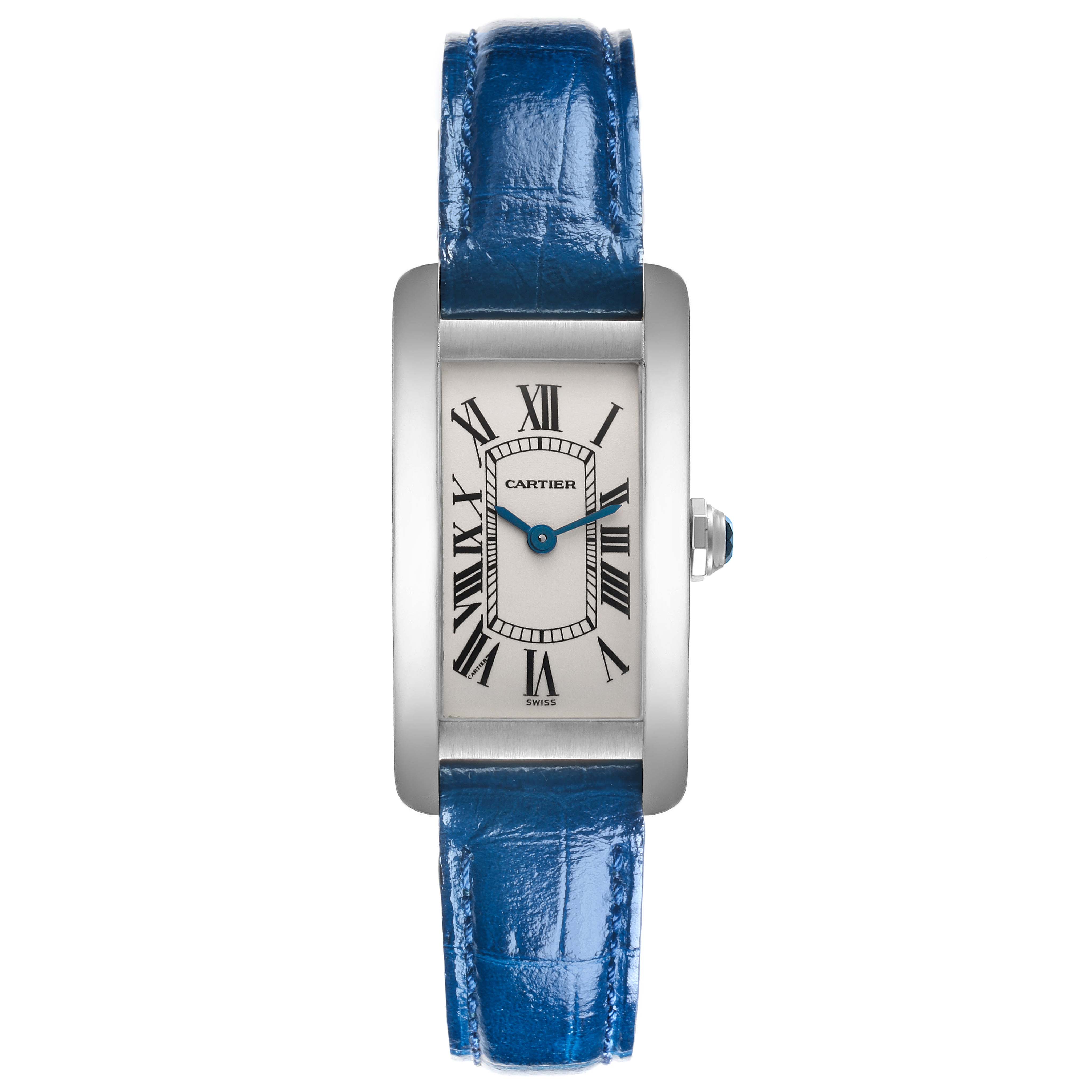 The Cartier Tank Americaine W2601956 Women's White Gold Silver Dial W2601956 Women's White Gold Silver Dial watch is shown from the front, highlighting its face and blue leather strap.