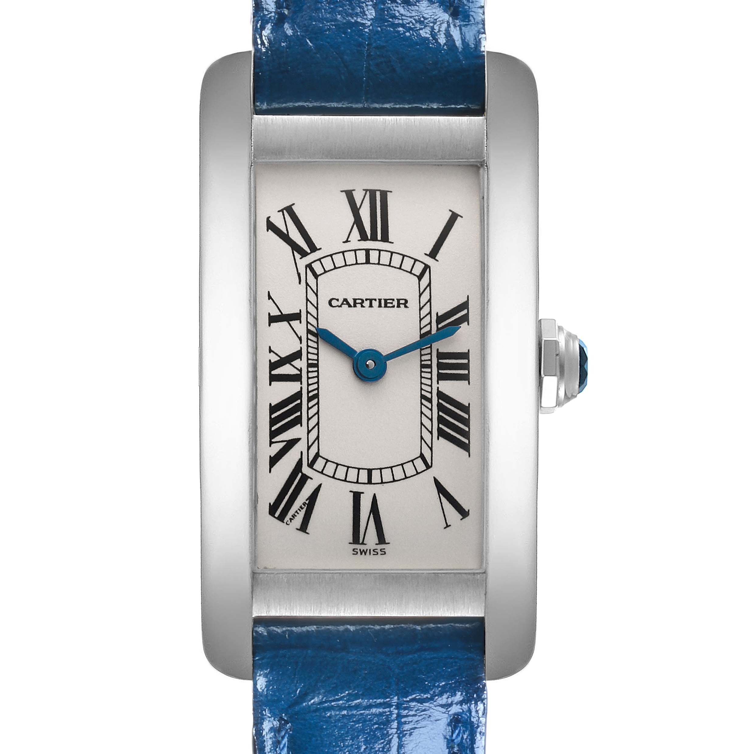 The Cartier Tank Americaine W2601956 Women's White Gold Silver Dial W2601956 Women's White Gold Silver Dial watch is shown from the front, displaying its rectangular dial, Roman numerals, and blue leather strap.