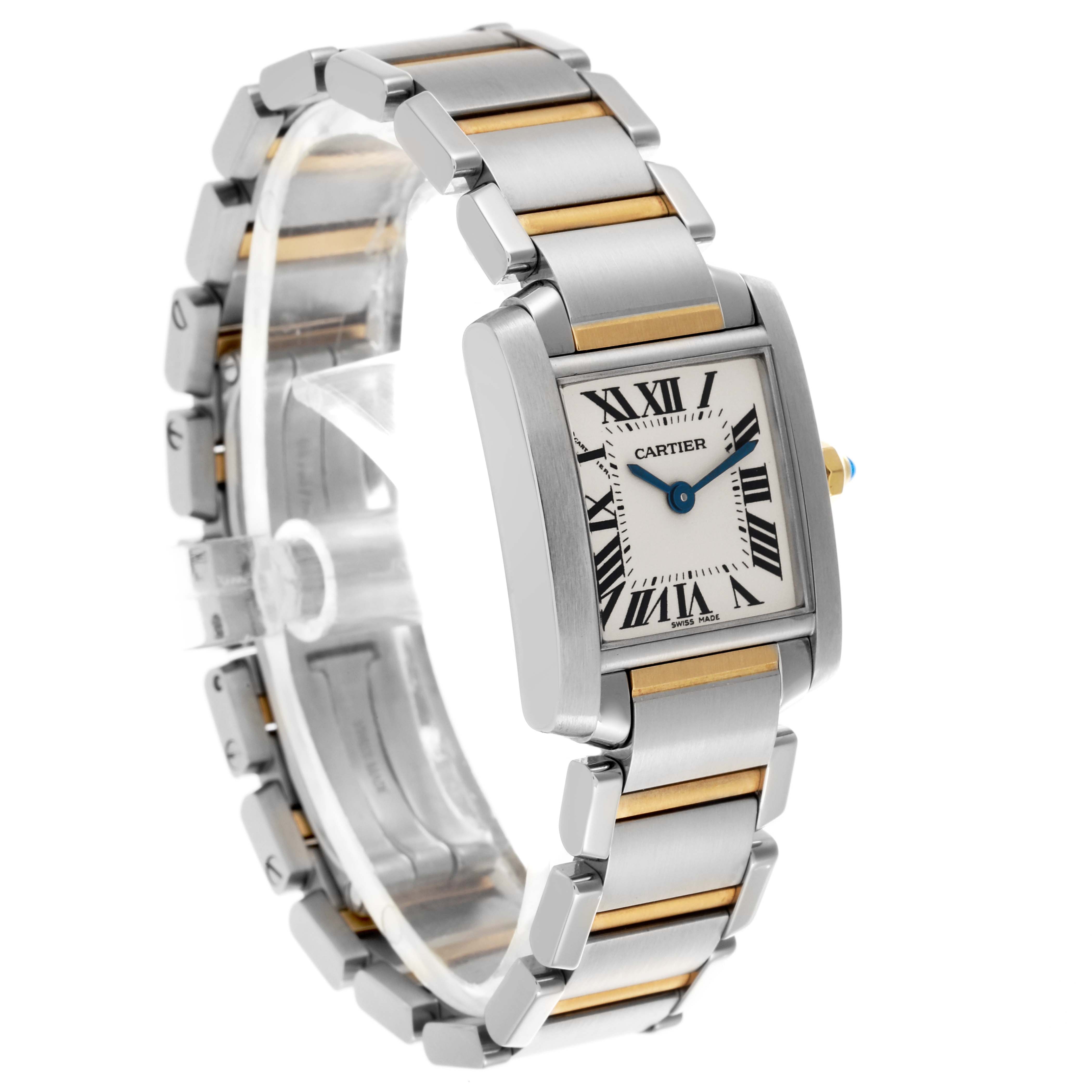 The Cartier Tank Francaise W51007Q4 Women's Steel and Gold (two tone) Silver Dial W51007Q4 Women's Steel and Gold (two tone) Silver Dial watch is shown from a three-quarter angle, displaying the face and bracelet with a mix of steel and gold.