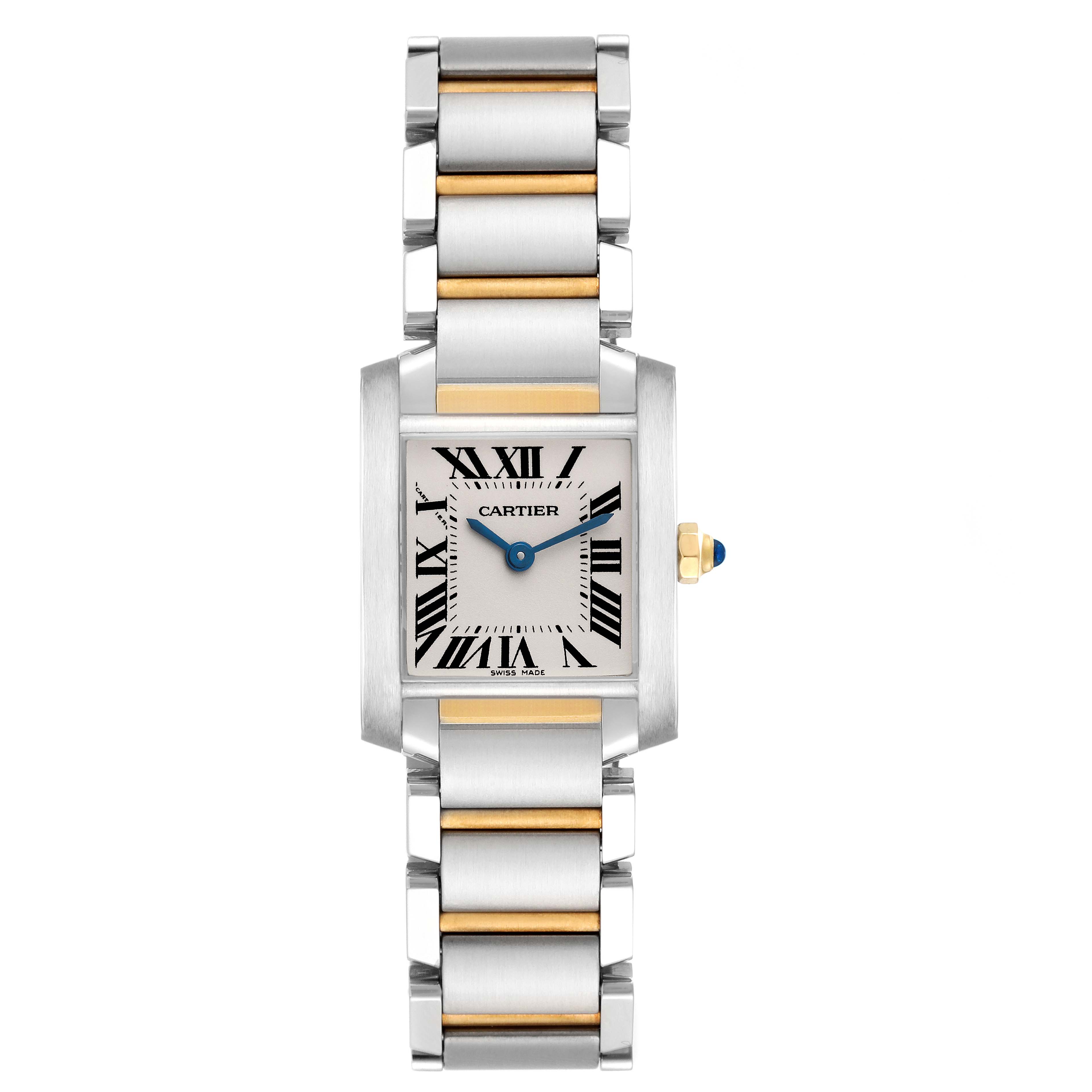 The Cartier Tank Française watch is shown from a front view, displaying its rectangular face and two-tone bracelet.