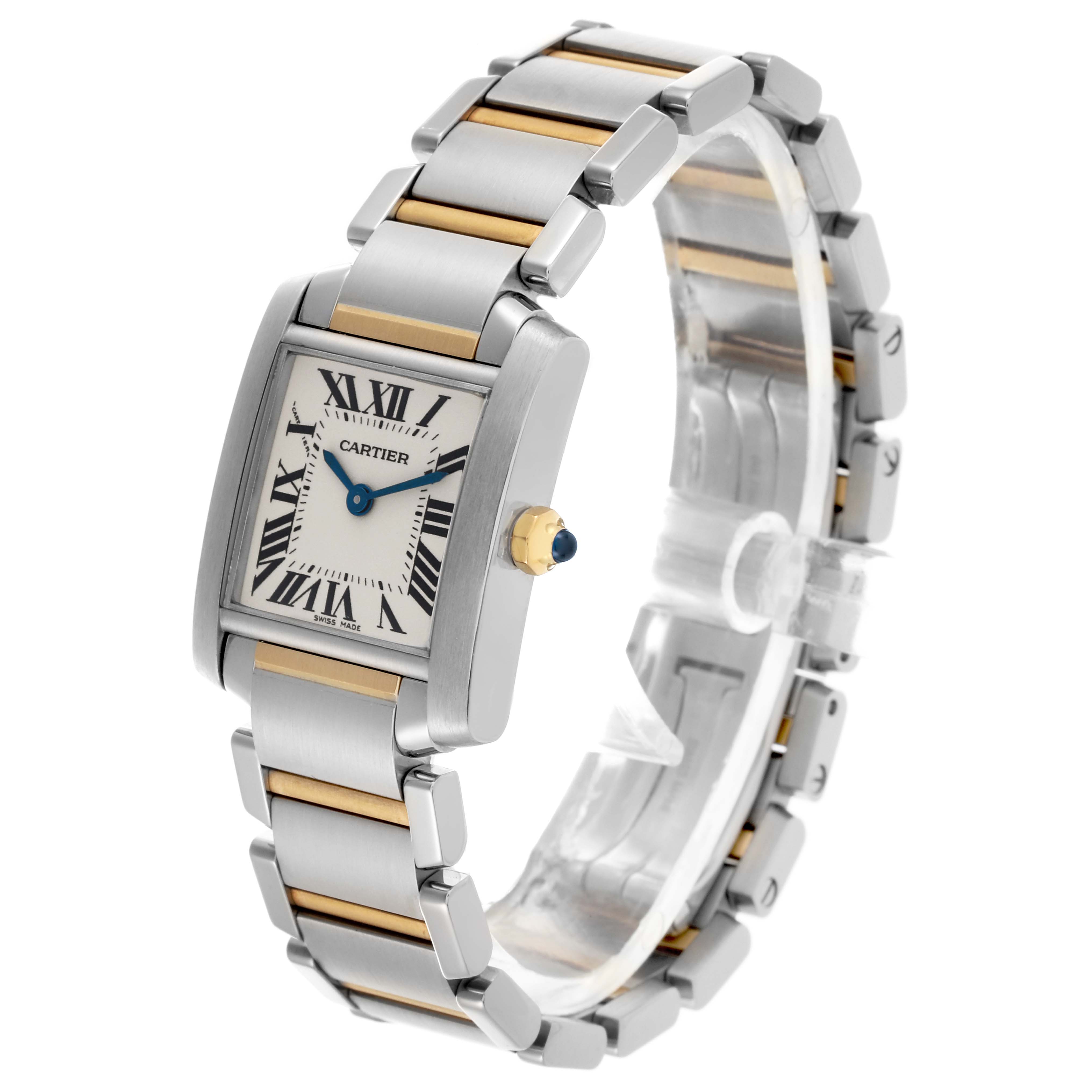 The Cartier Tank Française watch is shown at a three-quarter angle, displaying its stainless steel and gold bracelet and Roman numeral dial.