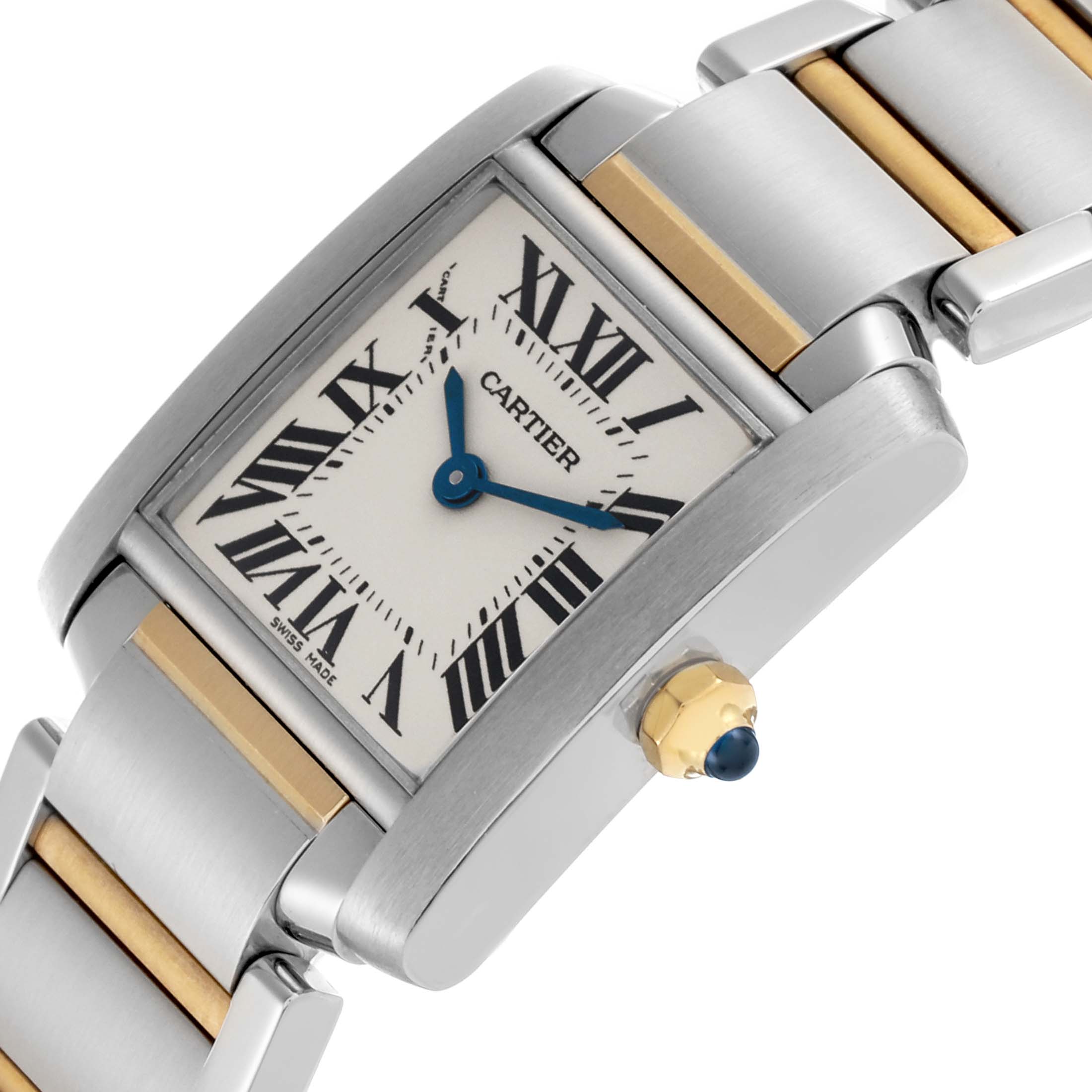 The Cartier Tank Française watch is shown at an angle, highlighting its face, crown, and two-tone bracelet.