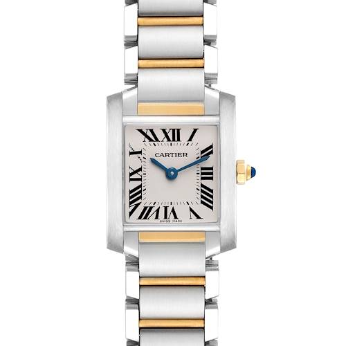 The Cartier Tank Francaise watch is shown from the front, displaying its face, bezel, crown, and bracelet.