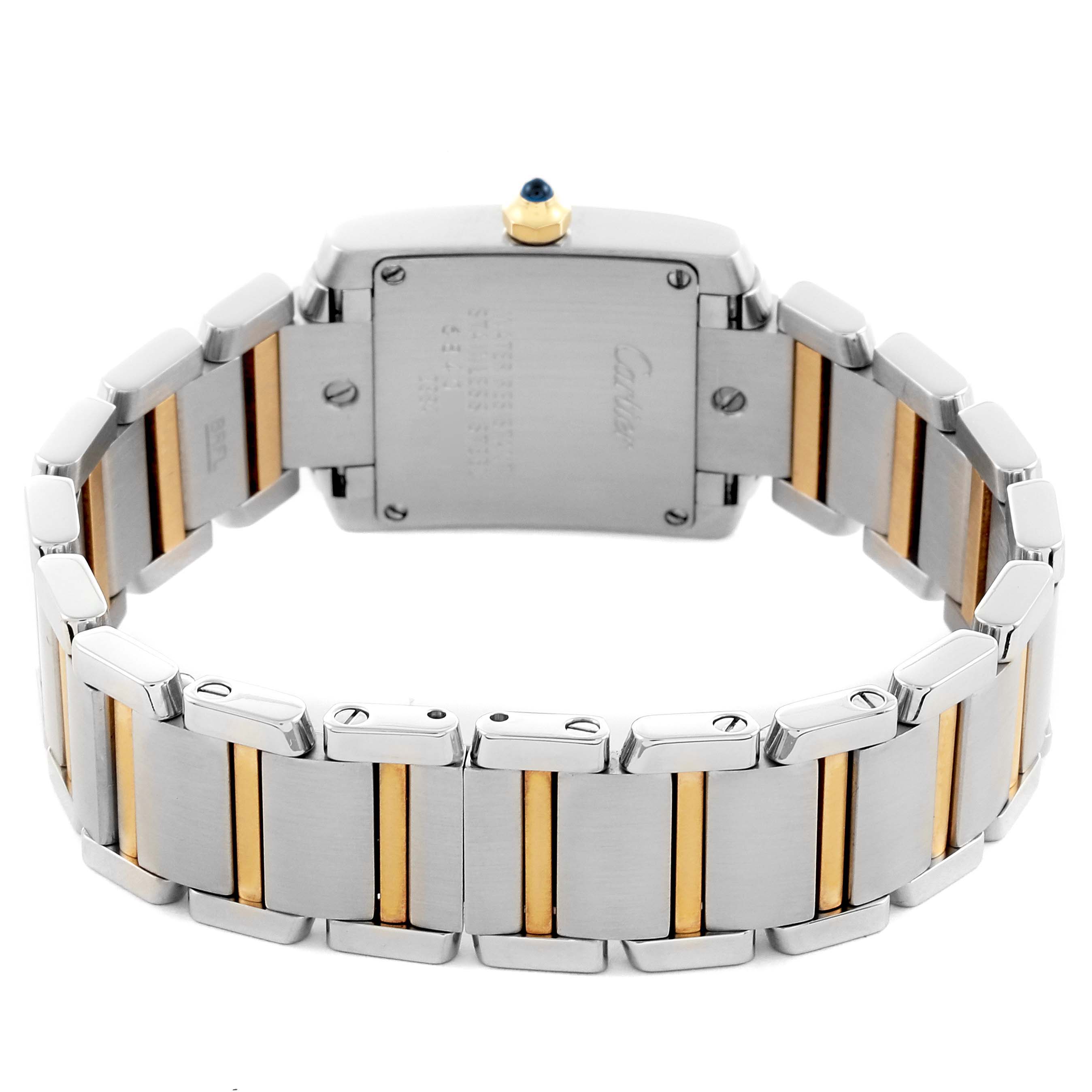 The Cartier Tank Francaise W51007Q4 Women's Steel and Gold (two tone) Silver Dial W51007Q4 Women's Steel and Gold (two tone) Silver Dial watch is shown from the back, highlighting its two-tone bracelet and case.
