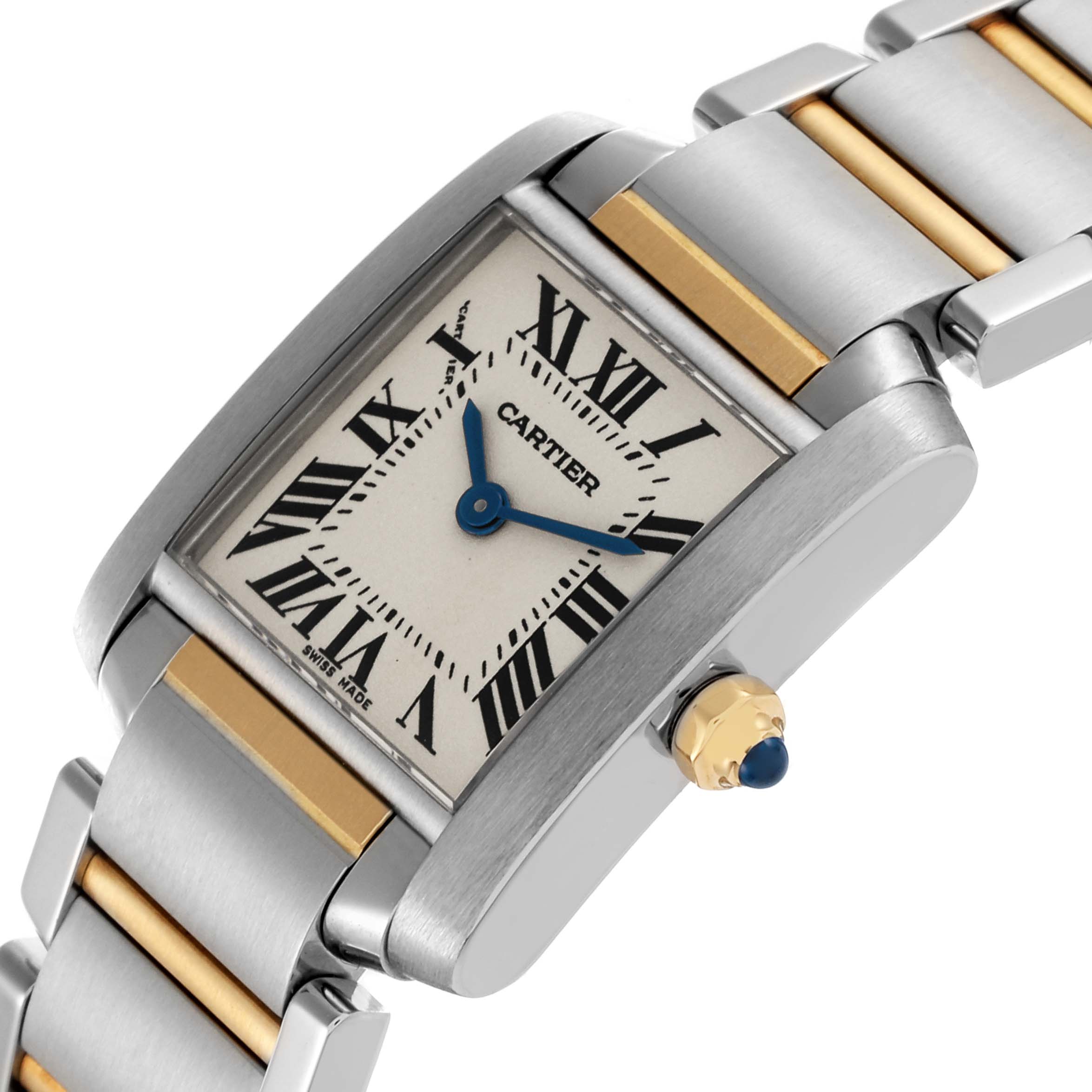 The Cartier Tank Francaise W51007Q4 Women's Steel and Gold (two tone) Silver Dial W51007Q4 Women's Steel and Gold (two tone) Silver Dial watch is shown from a diagonal angle, highlighting the face, bezel, crown, and bracelet.