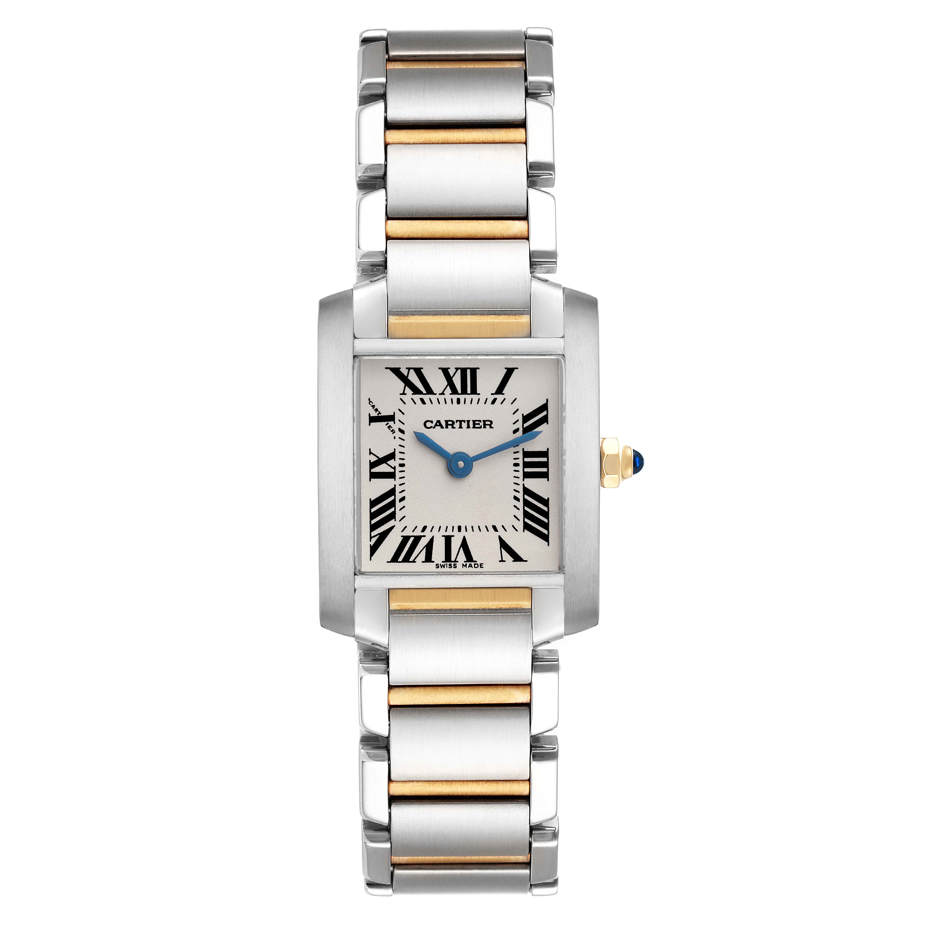 The Cartier Tank Française watch is shown from the front, displaying the face and full bracelet.