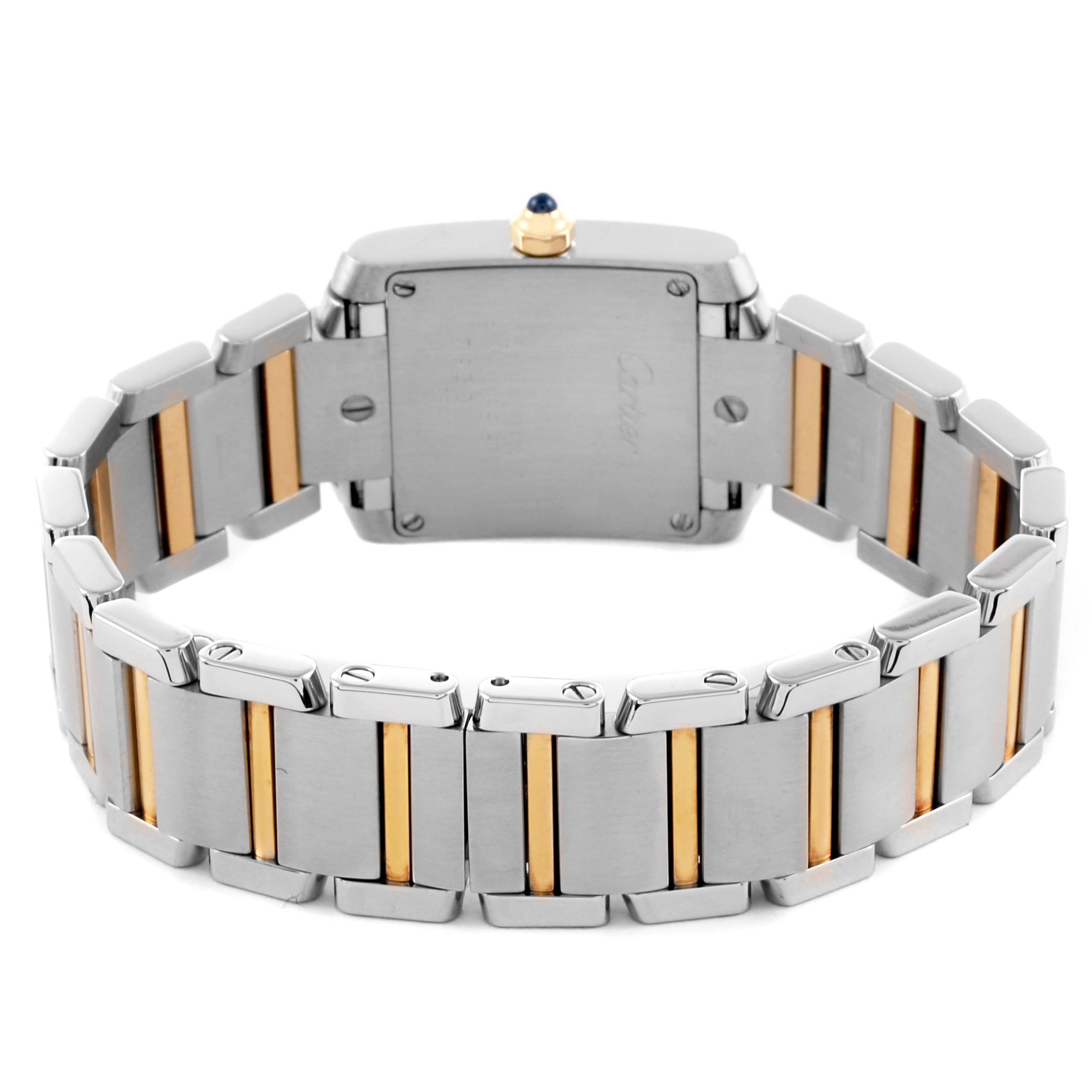 The Cartier Tank Française watch is shown from the back, highlighting its bracelet links and clasp.
