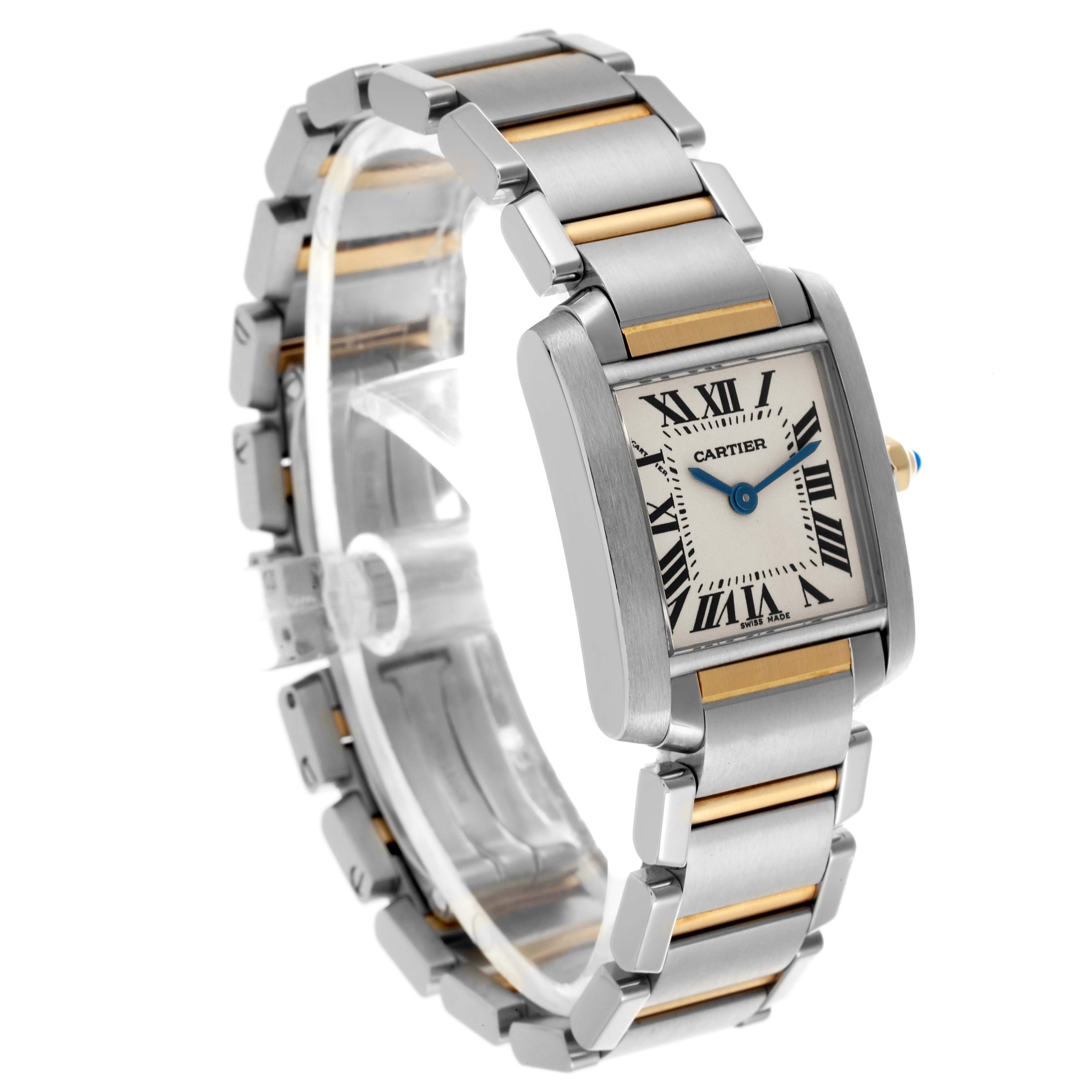 The Cartier Tank Française watch is shown at a three-quarter angle, highlighting its square face and two-tone metal bracelet.