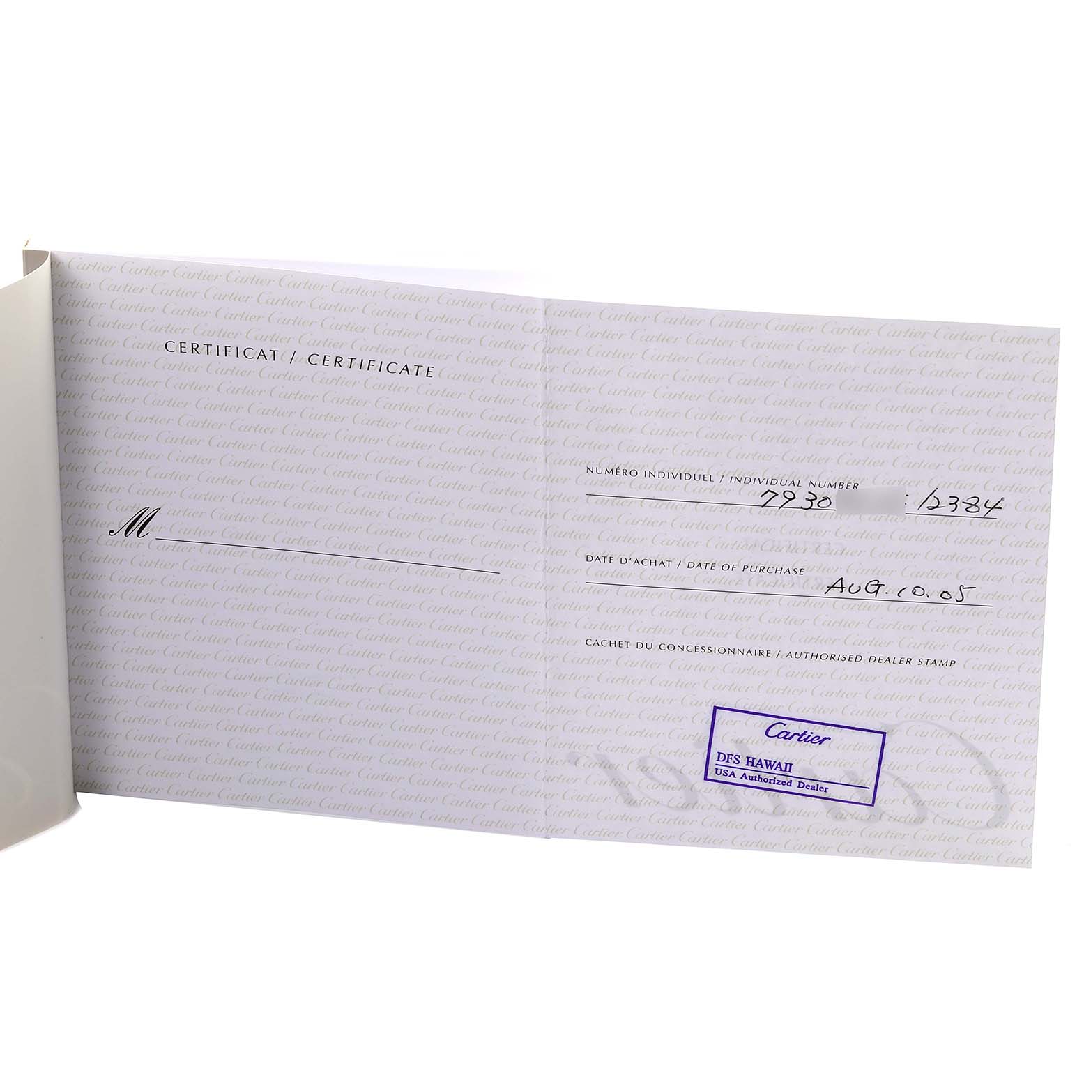 The image shows the certificate for the Cartier Tank Francaise W51007Q4 Women's Steel and Gold (two tone) Silver Dial W51007Q4 Women's Steel and Gold (two tone) Silver Dial model, highlighting purchase details and dealer stamp.