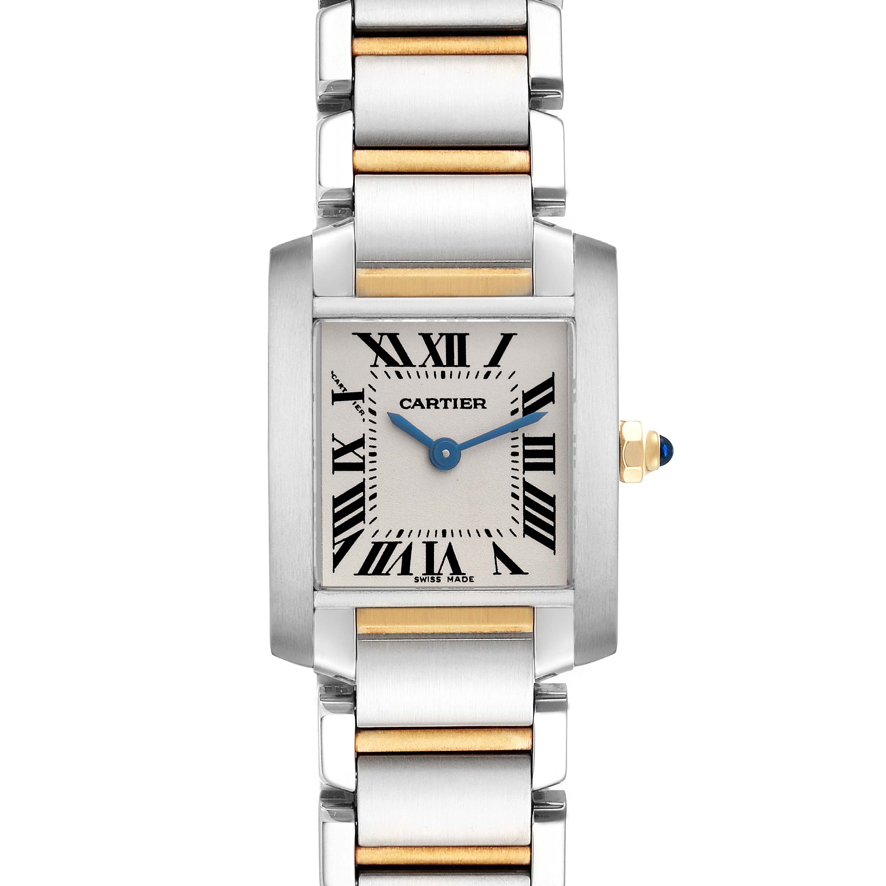 The Cartier Tank Francaise W51007Q4 Women's Steel and Gold (two tone) Silver Dial W51007Q4 Women's Steel and Gold (two tone) Silver Dial watch is shown from the front, highlighting the face, bracelet, and crown.
