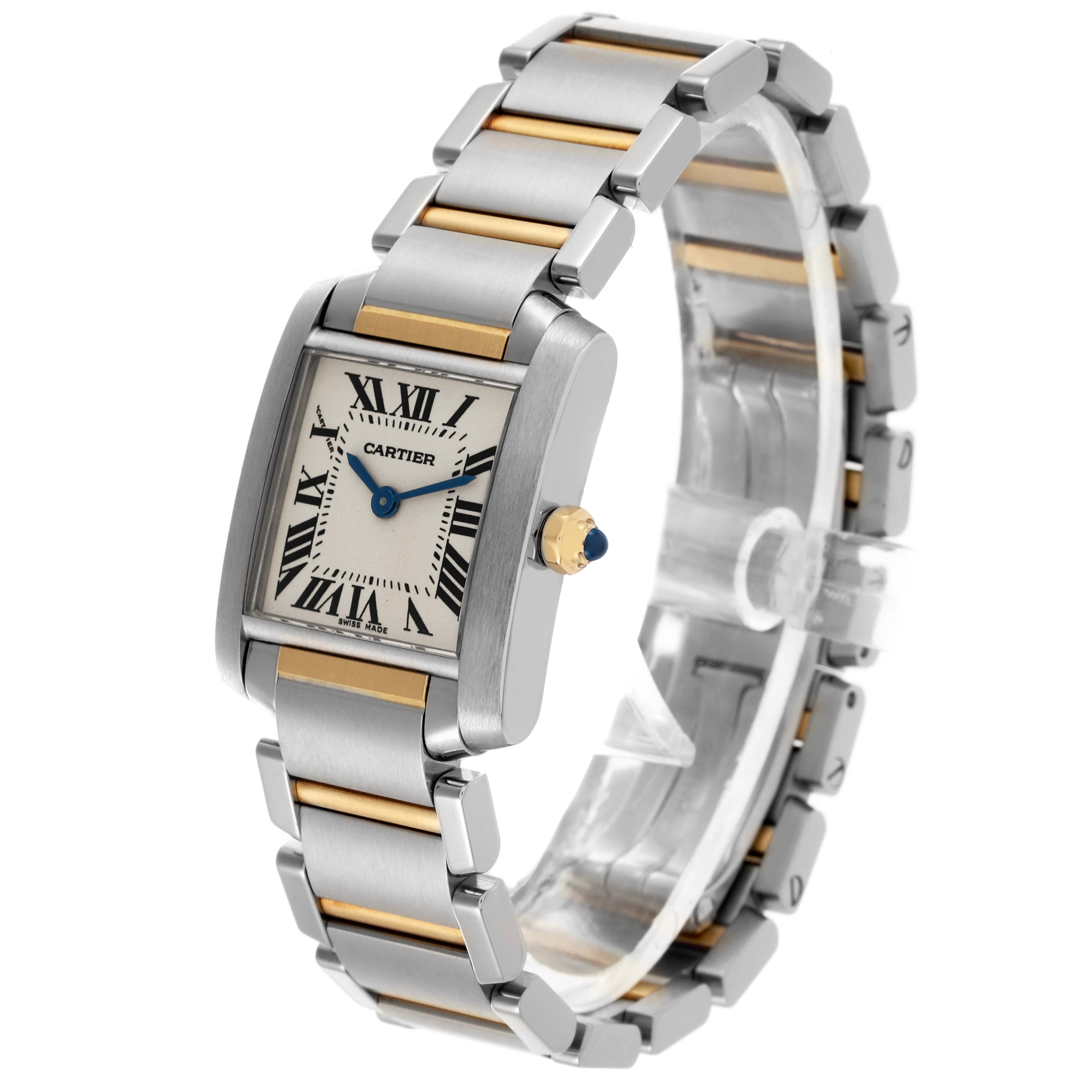 The watch is a Cartier Tank Française, shown at a 3/4 angle, displaying the face, crown, and bracelet.