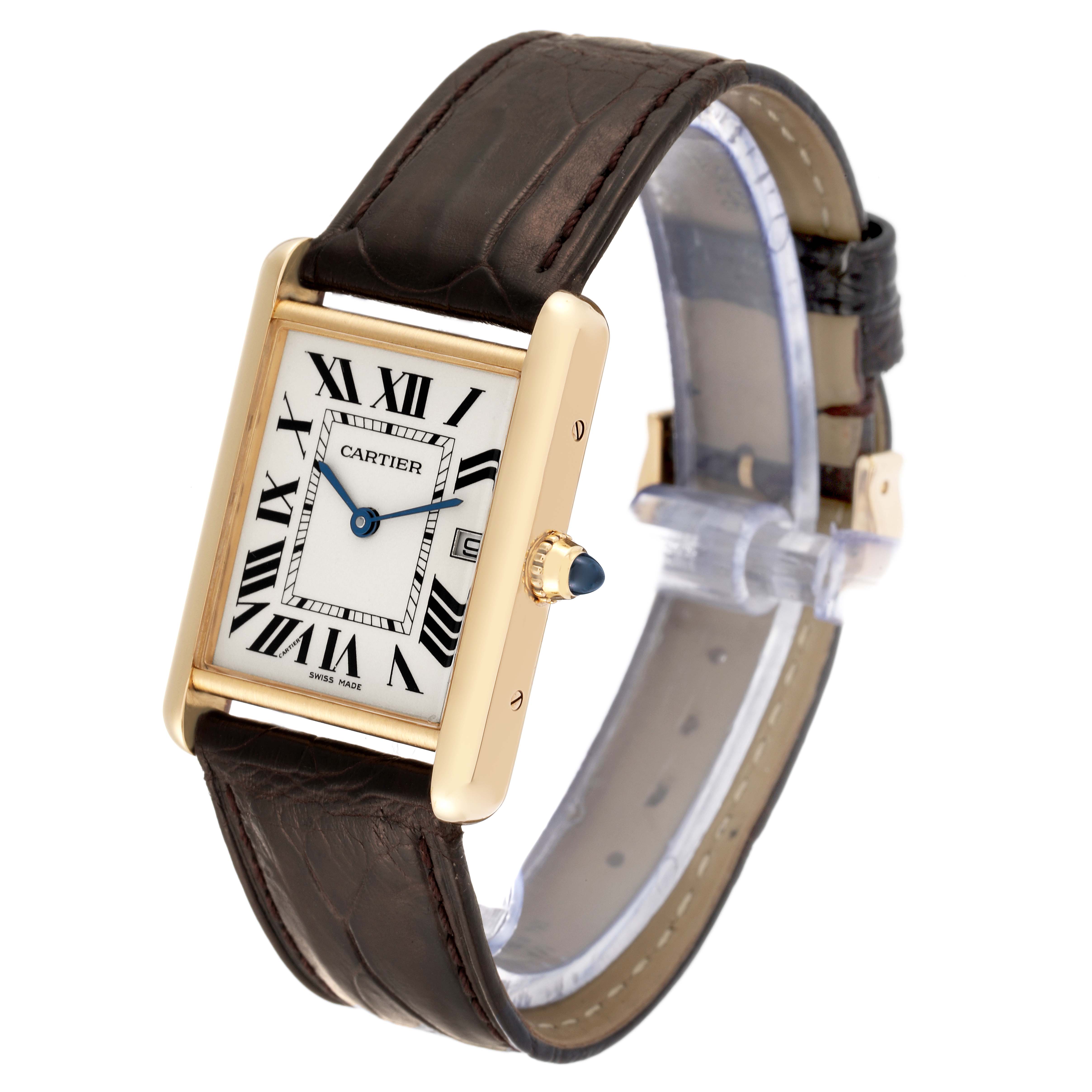 The image shows a Cartier Tank Louis W1529756 Men's Yellow Gold Silver Dial W1529756 Men's Yellow Gold Silver Dial watch from a three-quarter angle displaying the face, crown, and leather strap.