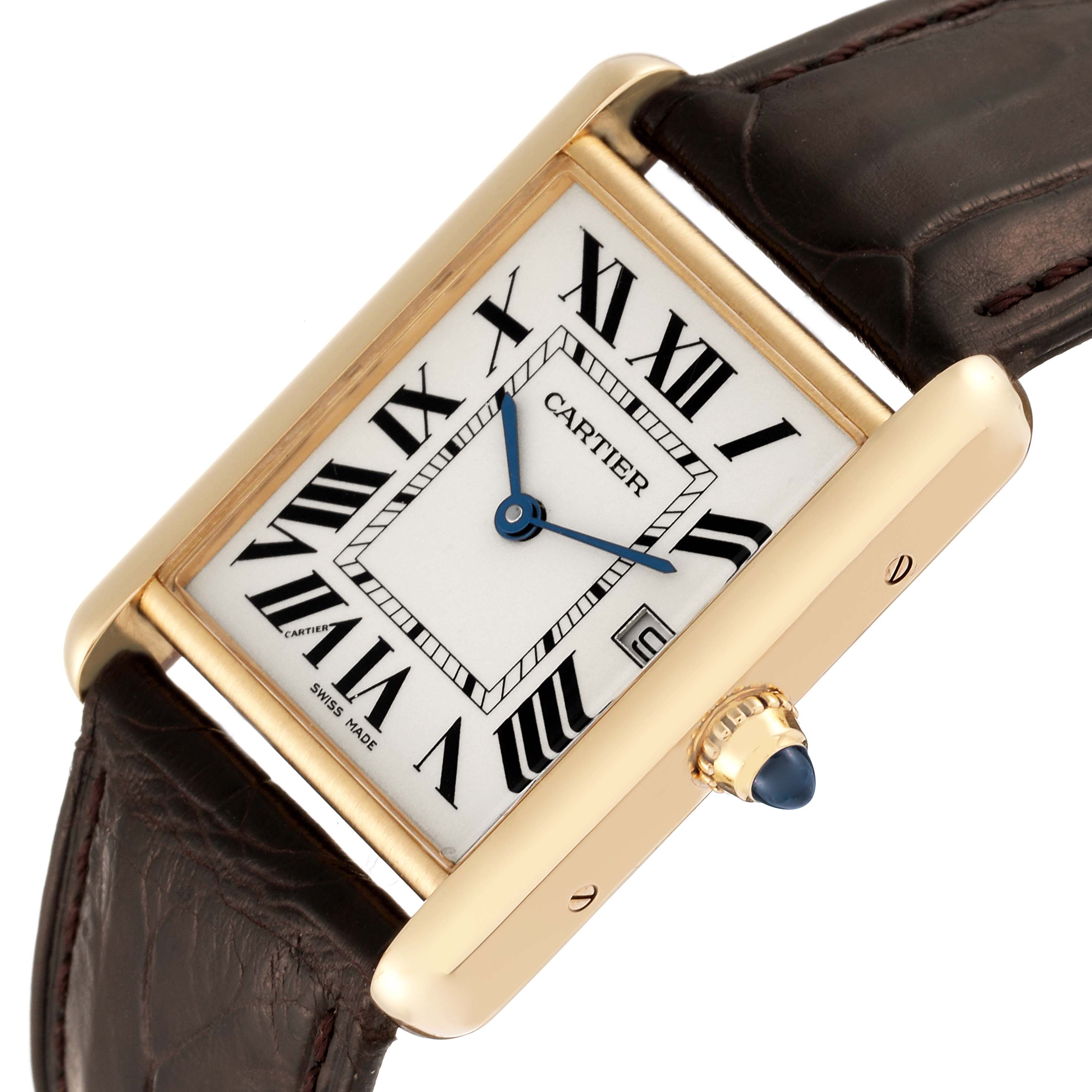 This image shows a Cartier Tank Louis W1529756 Men's Yellow Gold Silver Dial W1529756 Men's Yellow Gold Silver Dial watch at an angled view, displaying the face, crown, and part of the leather strap.