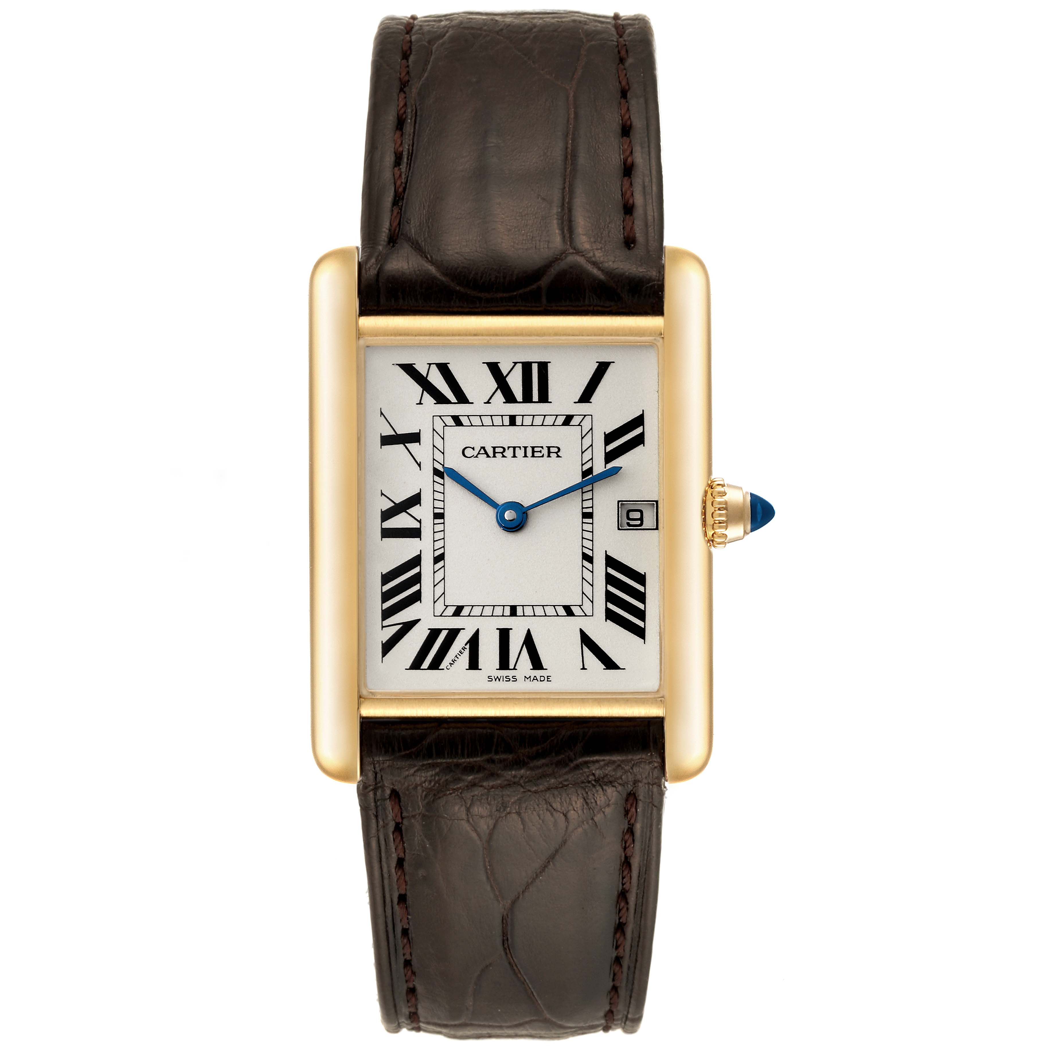 The image shows a frontal view of a Cartier Tank Louis W1529756 Men's Yellow Gold Silver Dial W1529756 Men's Yellow Gold Silver Dial watch, highlighting its rectangular face, Roman numerals, and leather strap.