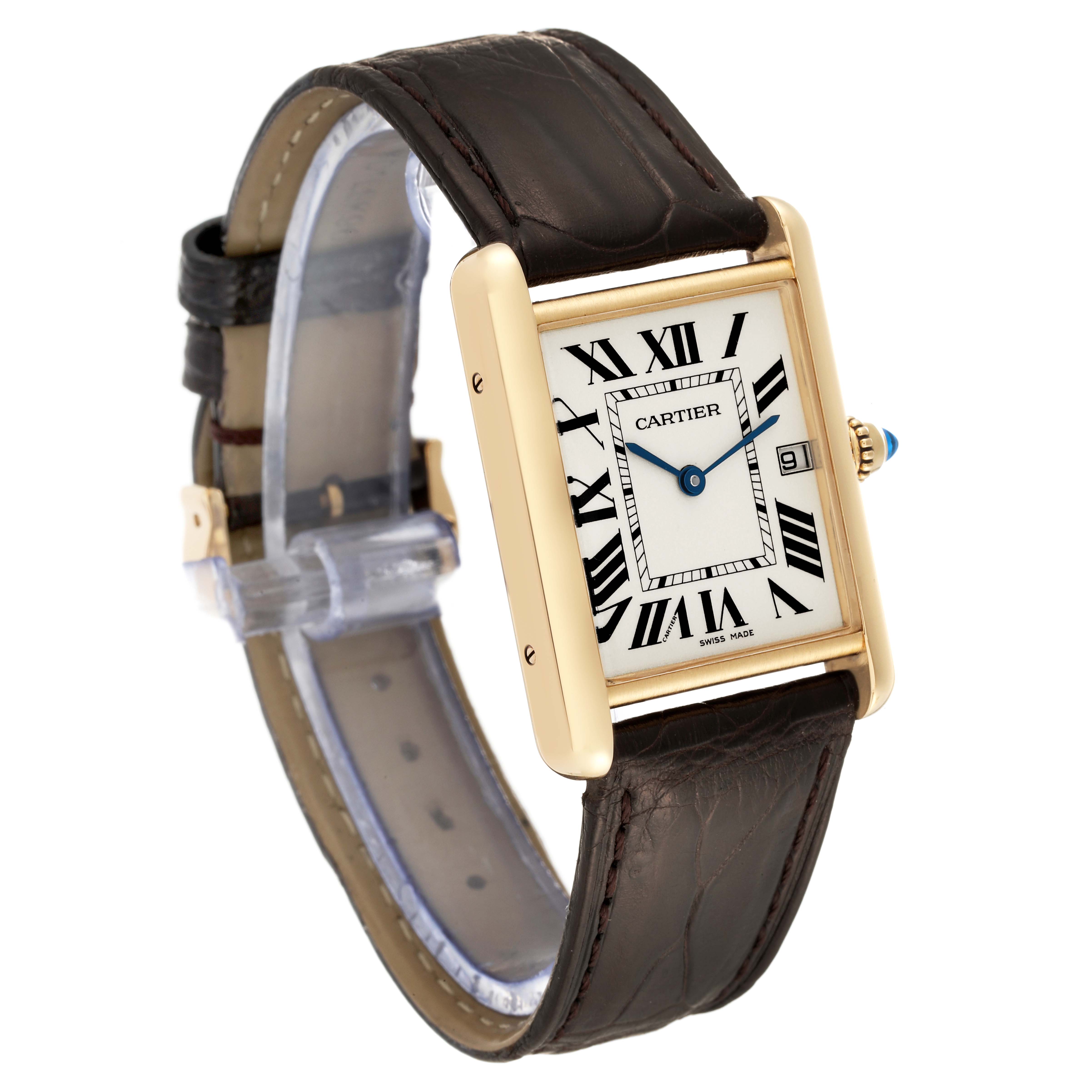 The image shows a Cartier Tank Louis W1529756 Men's Yellow Gold Silver Dial W1529756 Men's Yellow Gold Silver Dial watch from a front-side angle, highlighting its rectangular face and leather strap.
