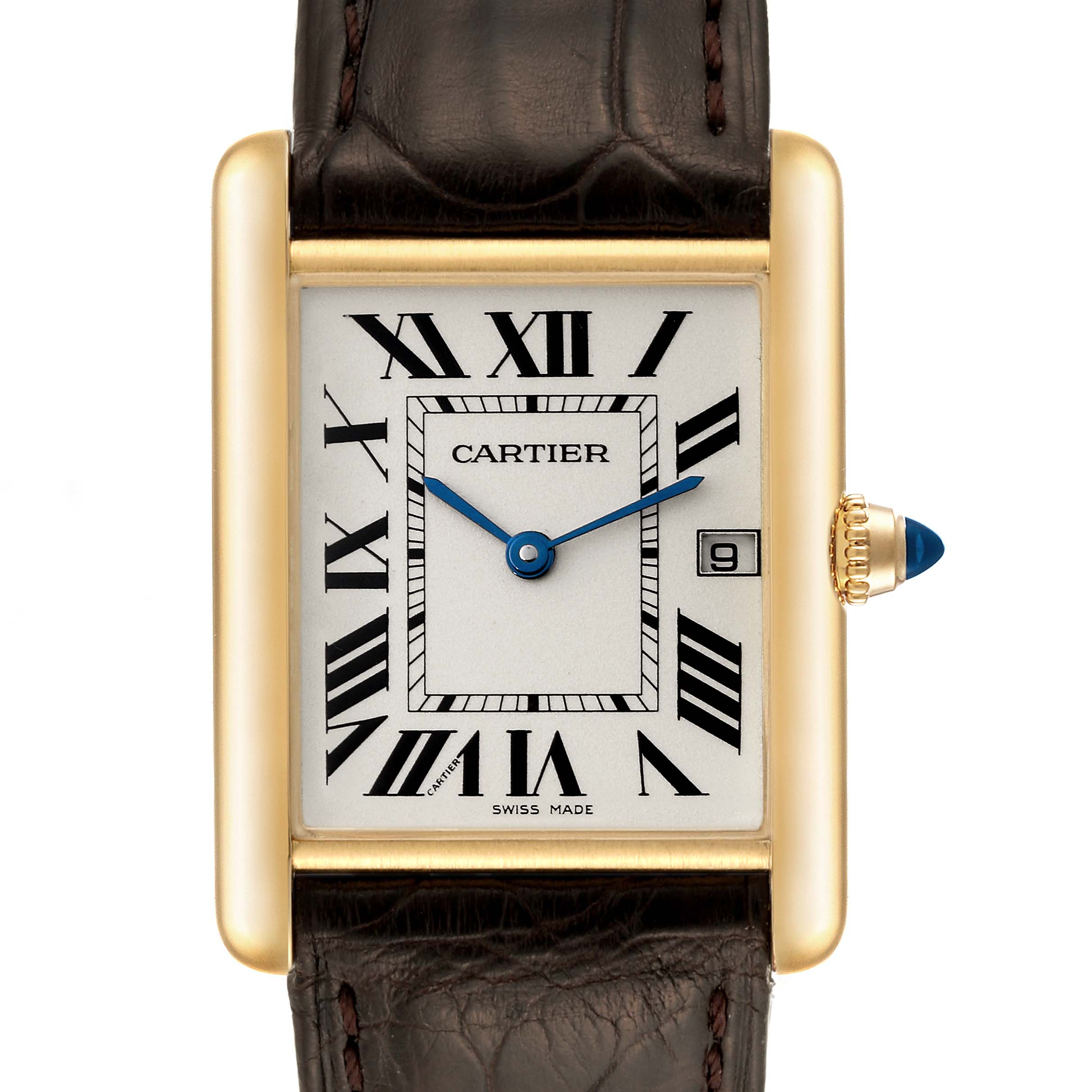 The image shows a front view of a Cartier Tank Louis W1529756 Men's Yellow Gold Silver Dial W1529756 Men's Yellow Gold Silver Dial watch, highlighting its rectangular face, Roman numerals, and leather strap.