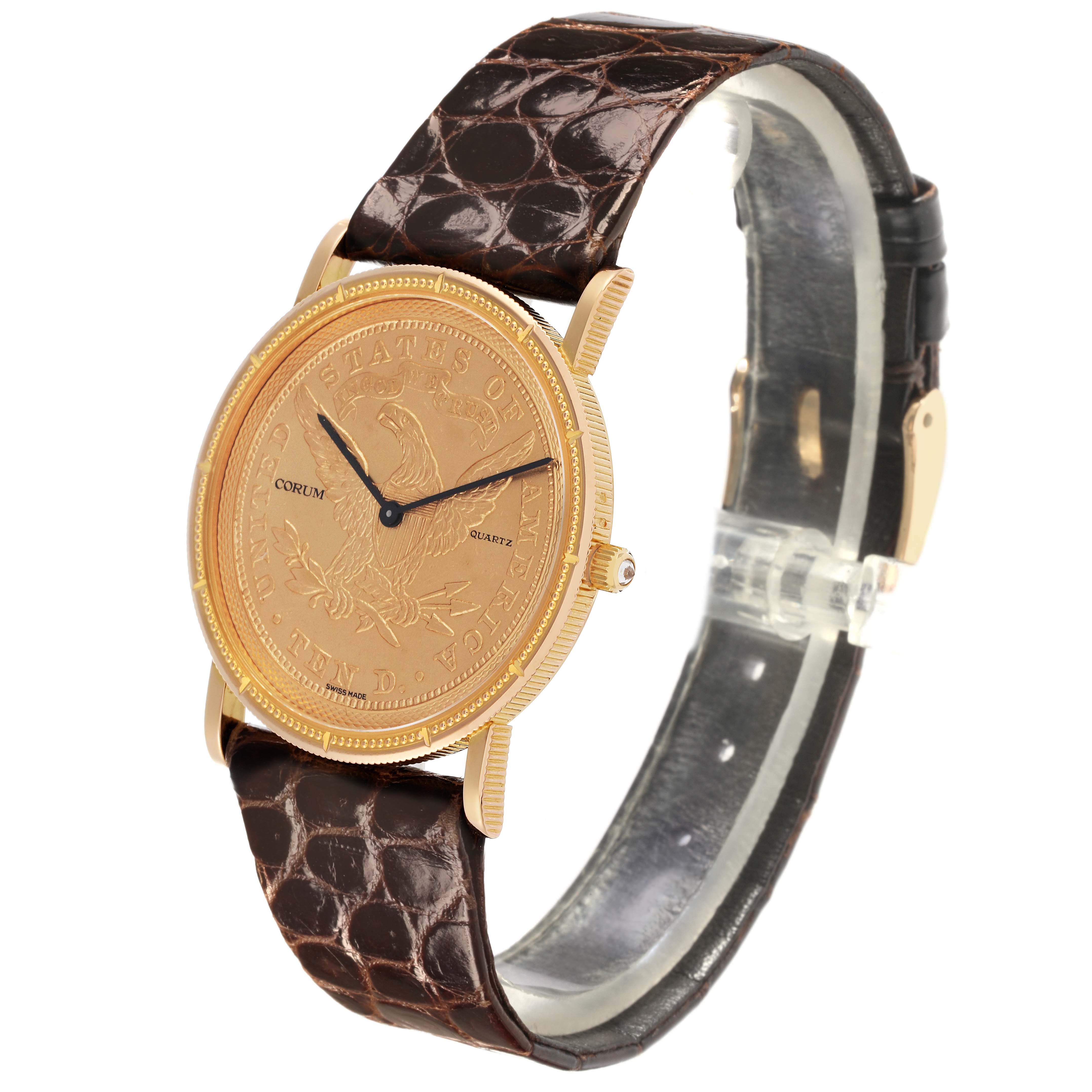 The image shows a Coin Watch by Corum from a side angle, highlighting its gold coin dial and brown leather strap.