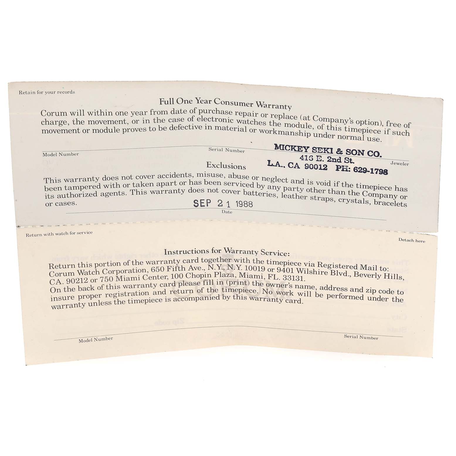 The image shows warranty paperwork for a Corum Coin Watch 1903 Men's Yellow Gold Yellow Dial 1903 Men's Yellow Gold Yellow Dial model.