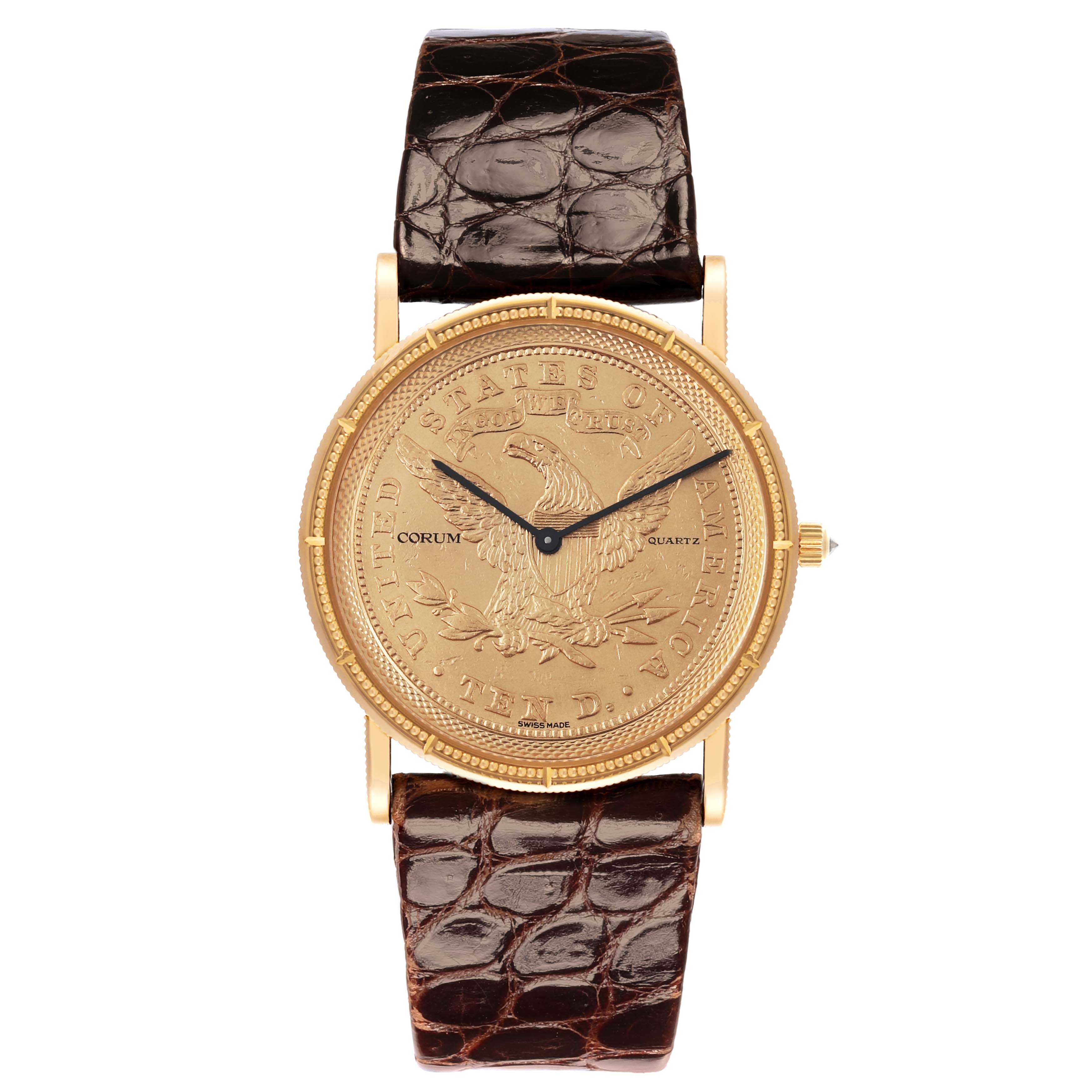 The Coin Watch by Corum is shown from the front, featuring its detailed coin dial and leather strap.