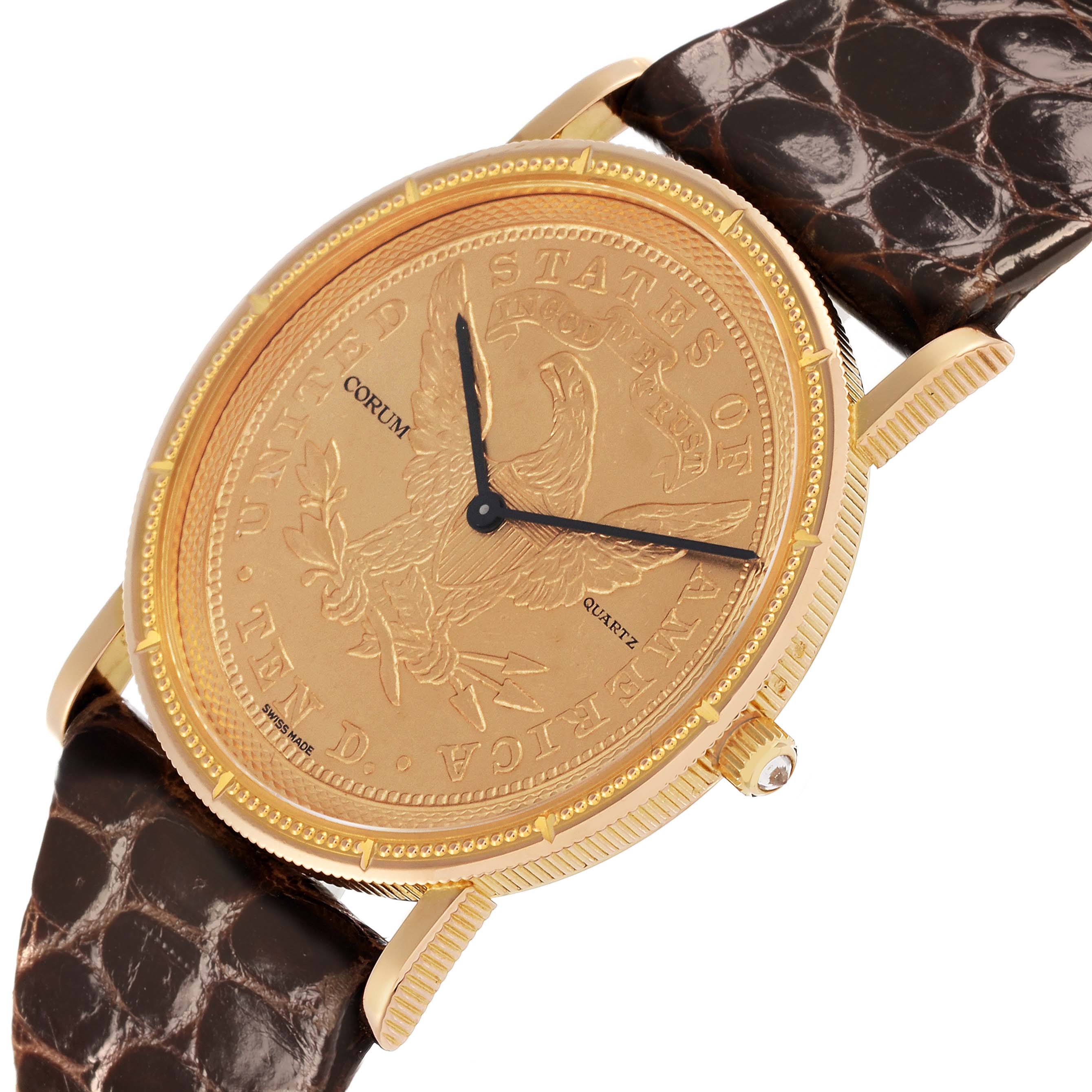 The Corum Coin Watch 1903 Men's Yellow Gold Yellow Dial 1903 Men's Yellow Gold Yellow Dial is shown at an angle displaying the face, bezel, crown, and leather strap detailing.