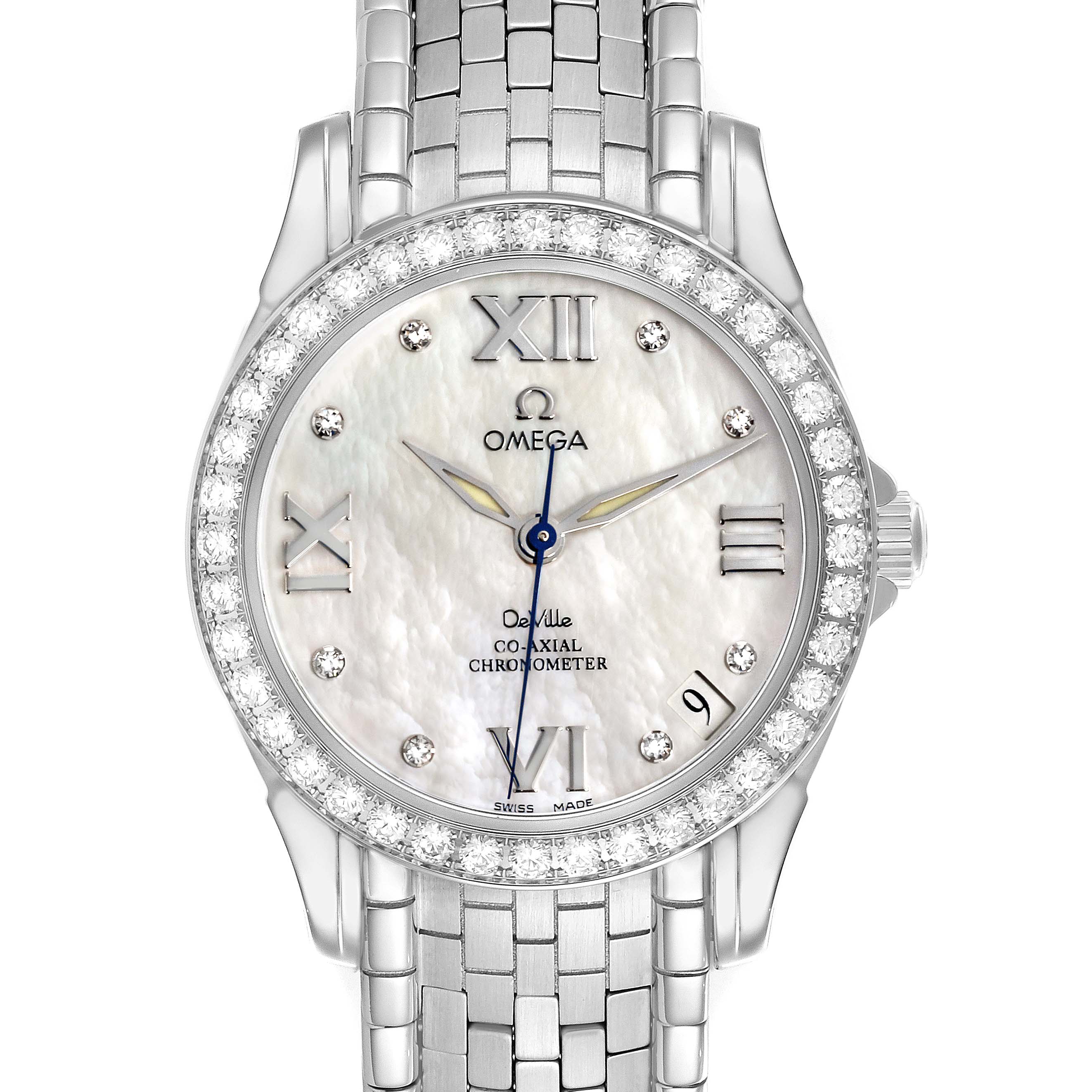 The Omega 4586.75.00 Women's Stainless Steel Mother of Pearl Dial 4586.75.00 Women's Stainless Steel Mother of Pearl Dial DeVille Prestige watch is shown from a front angle, highlighting the face, bezel, and bracelet.