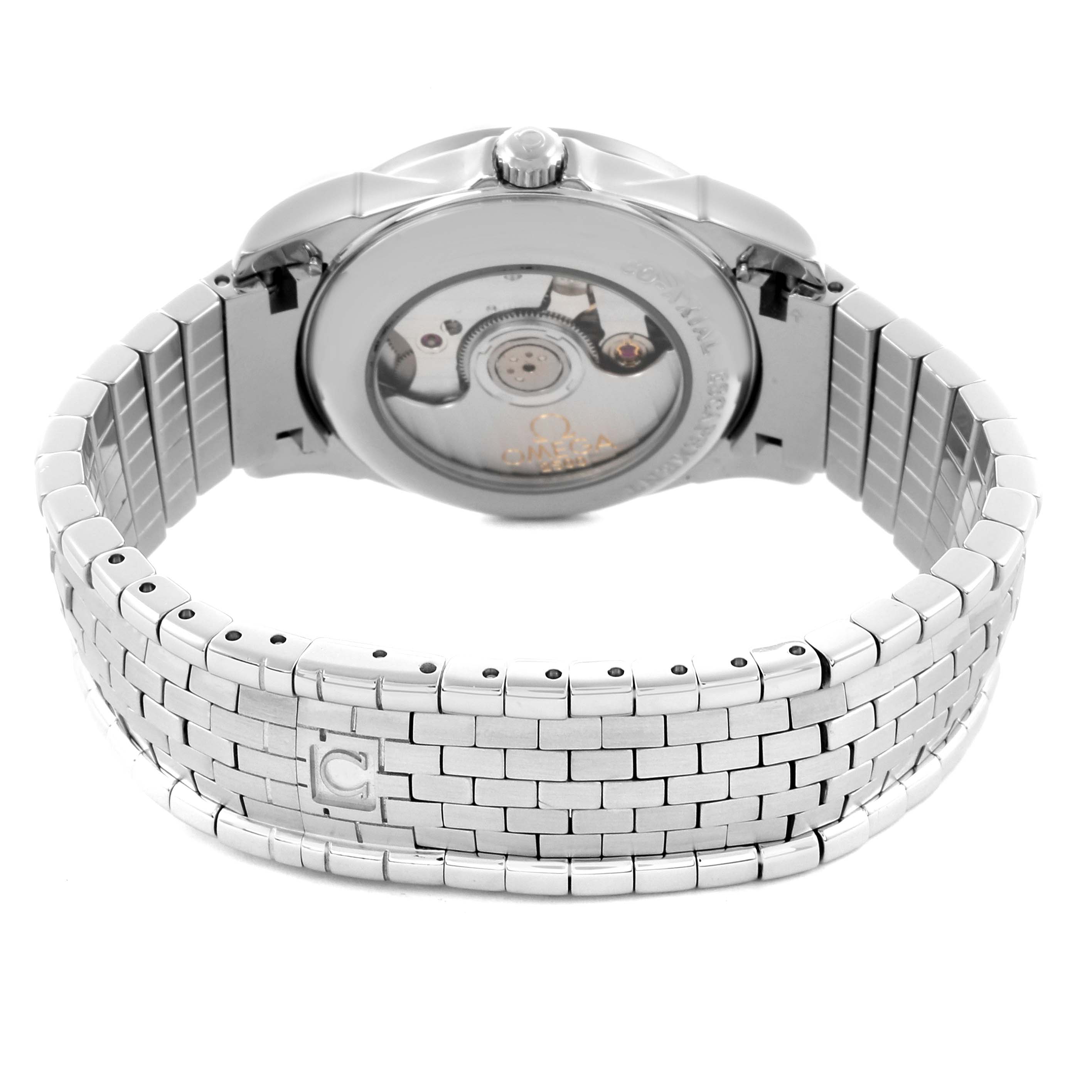 The Omega 4586.75.00 Women's Stainless Steel Mother of Pearl Dial 4586.75.00 Women's Stainless Steel Mother of Pearl Dial DeVille Prestige 4586.75.00 is shown from the back, highlighting the exhibition case back and steel bracelet.