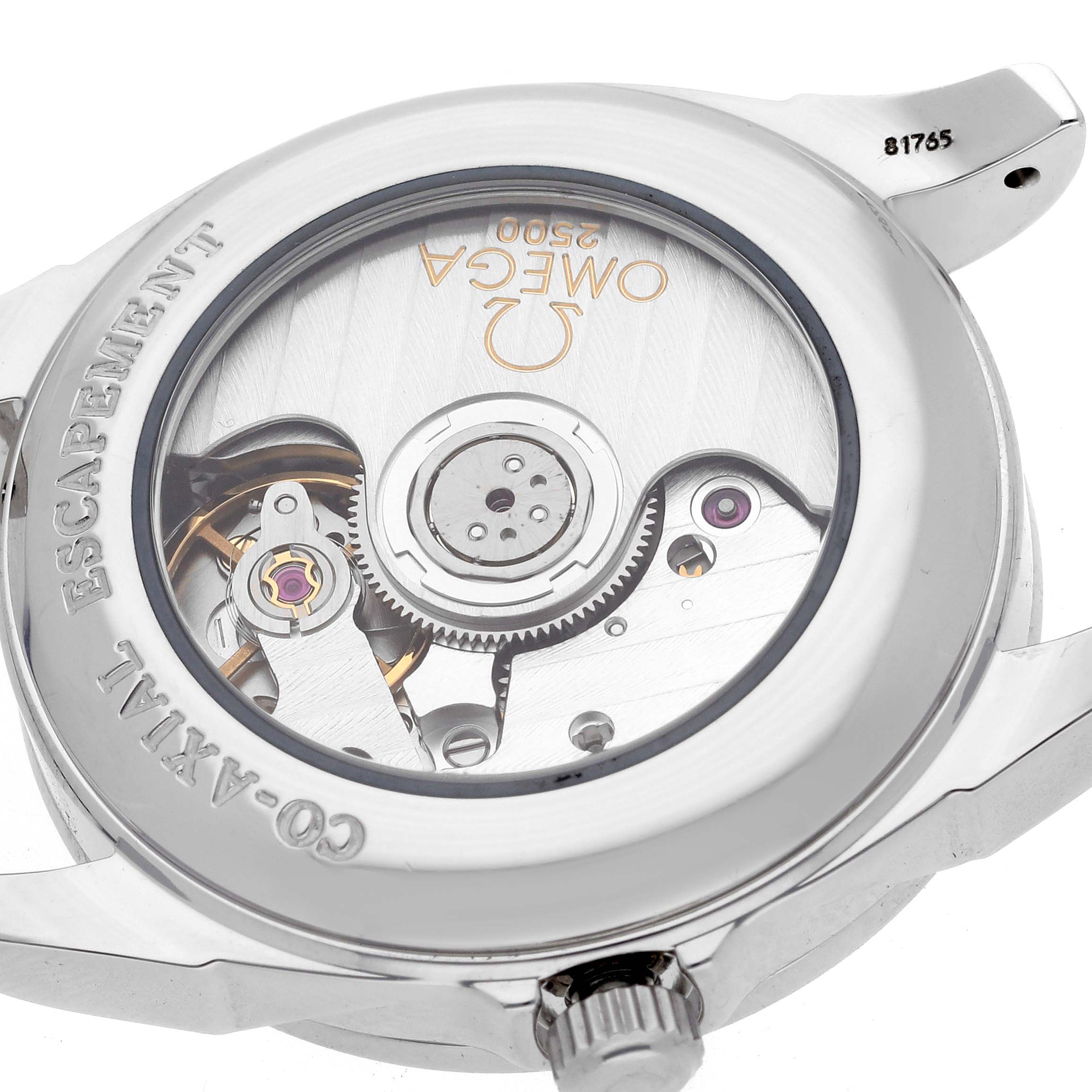 The image shows the back and inner mechanics of the Omega 4586.75.00 Women's Stainless Steel Mother of Pearl Dial 4586.75.00 Women's Stainless Steel Mother of Pearl Dial DeVille Prestige MOP Diamond Steel Yellow Gold Ladies Watch model 4586.75.00.