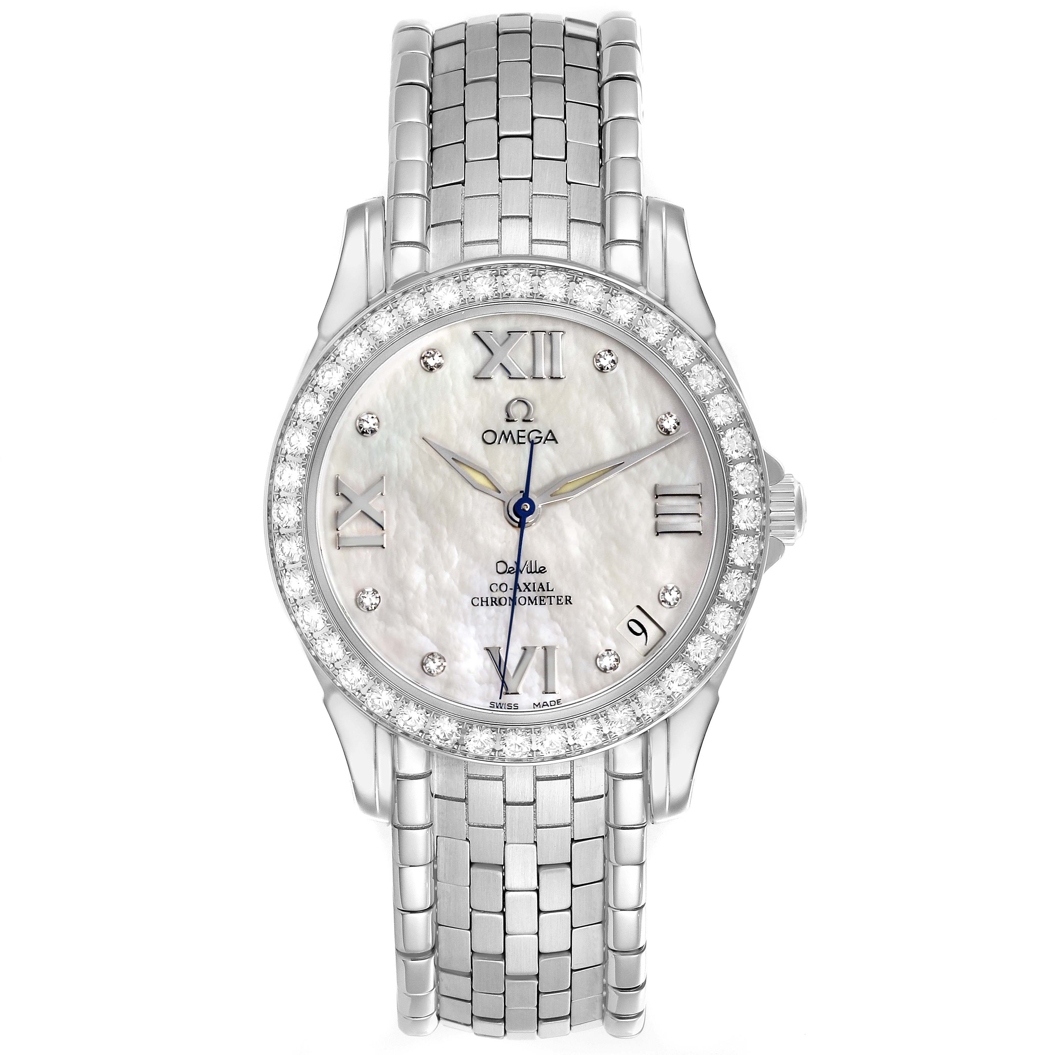The Omega 4586.75.00 Women's Stainless Steel Mother of Pearl Dial 4586.75.00 Women's Stainless Steel Mother of Pearl Dial DeVille Prestige MOP Diamond Steel Yellow Gold Ladies Watch 4586.75.00 is shown from a top view, displaying the face and bracelet.
