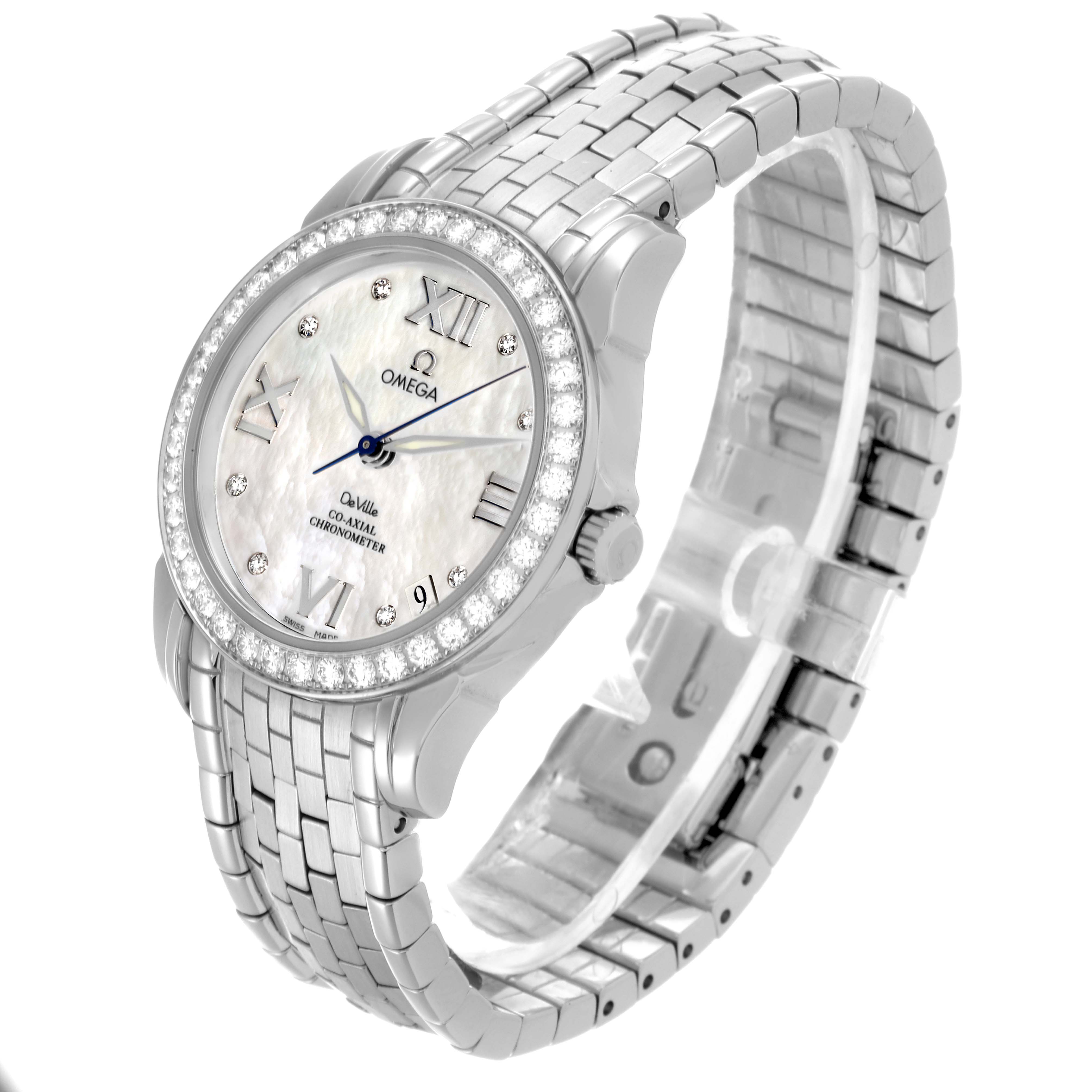 The Omega 4586.75.00 Women's Stainless Steel Mother of Pearl Dial 4586.75.00 Women's Stainless Steel Mother of Pearl Dial DeVille Prestige watch is shown from an elevated angle, displaying its face, diamond bezel, and metal bracelet.