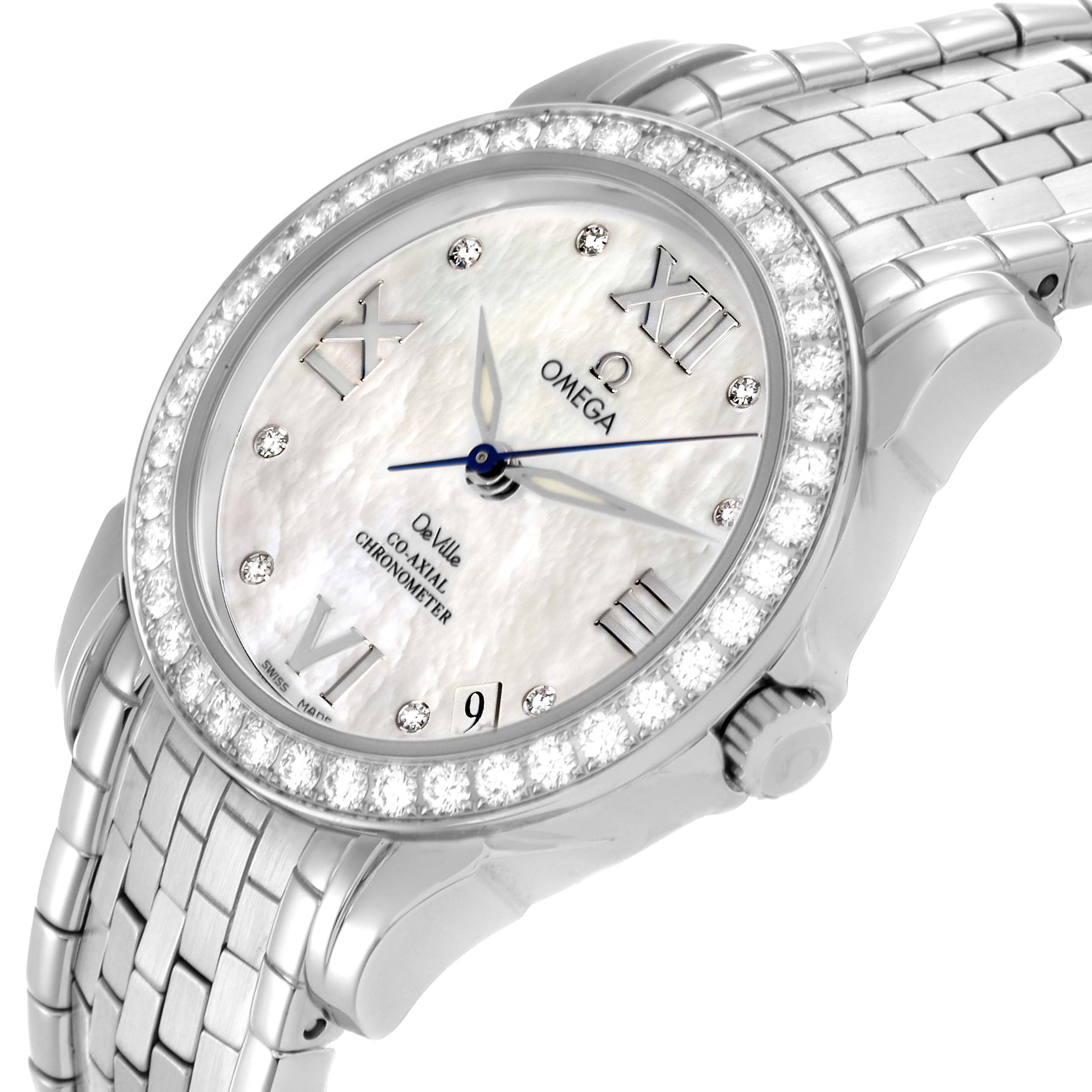 The Omega 4586.75.00 Women's Stainless Steel Mother of Pearl Dial 4586.75.00 Women's Stainless Steel Mother of Pearl Dial DeVille Prestige model 4586.75.00 is shown at an angle highlighting the face, bezel, crown, and part of the bracelet.