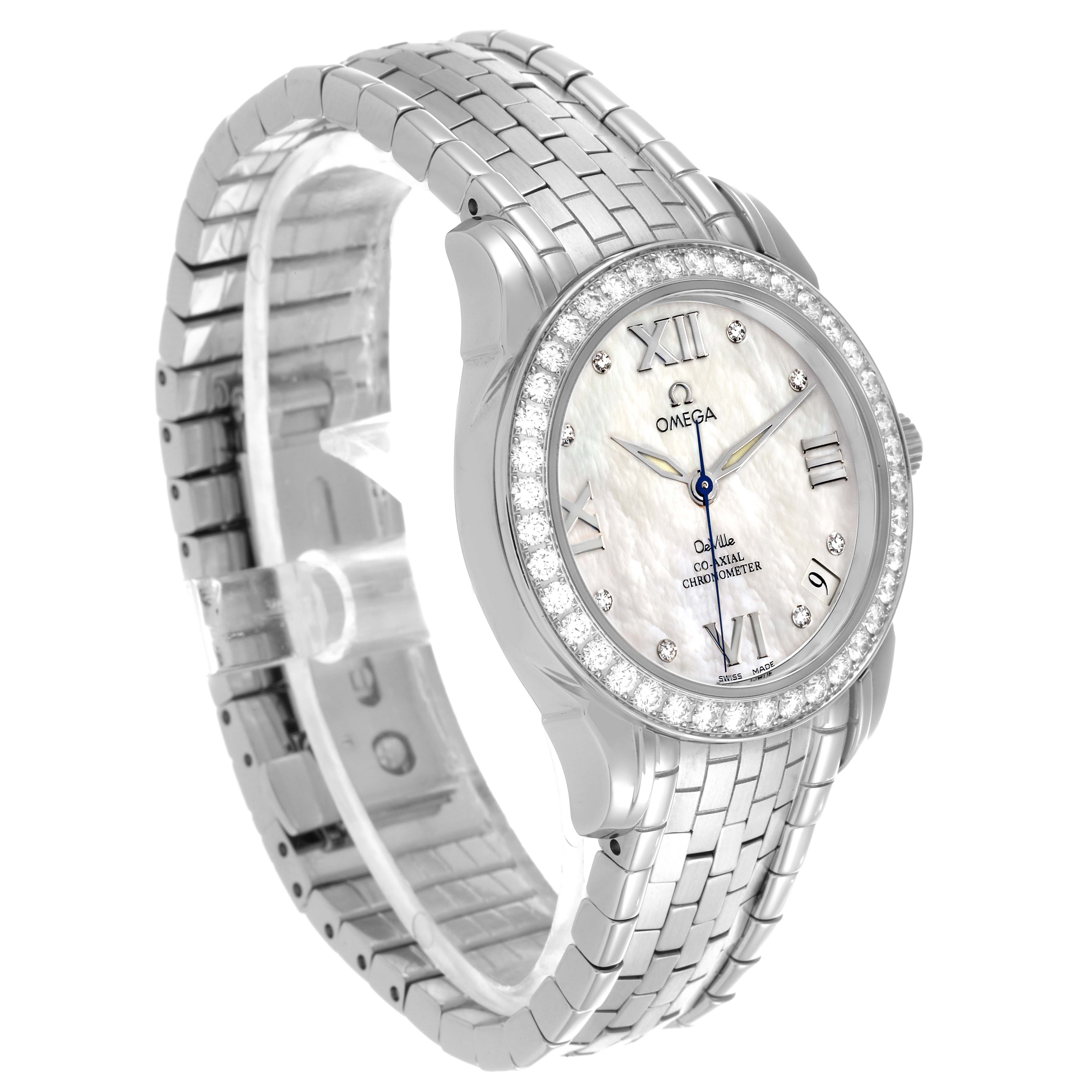 The Omega 4586.75.00 Women's Stainless Steel Mother of Pearl Dial 4586.75.00 Women's Stainless Steel Mother of Pearl Dial DeVille Prestige 4586.75.00 is shown angled slightly from the front, highlighting the diamond bezel and mother of pearl dial.