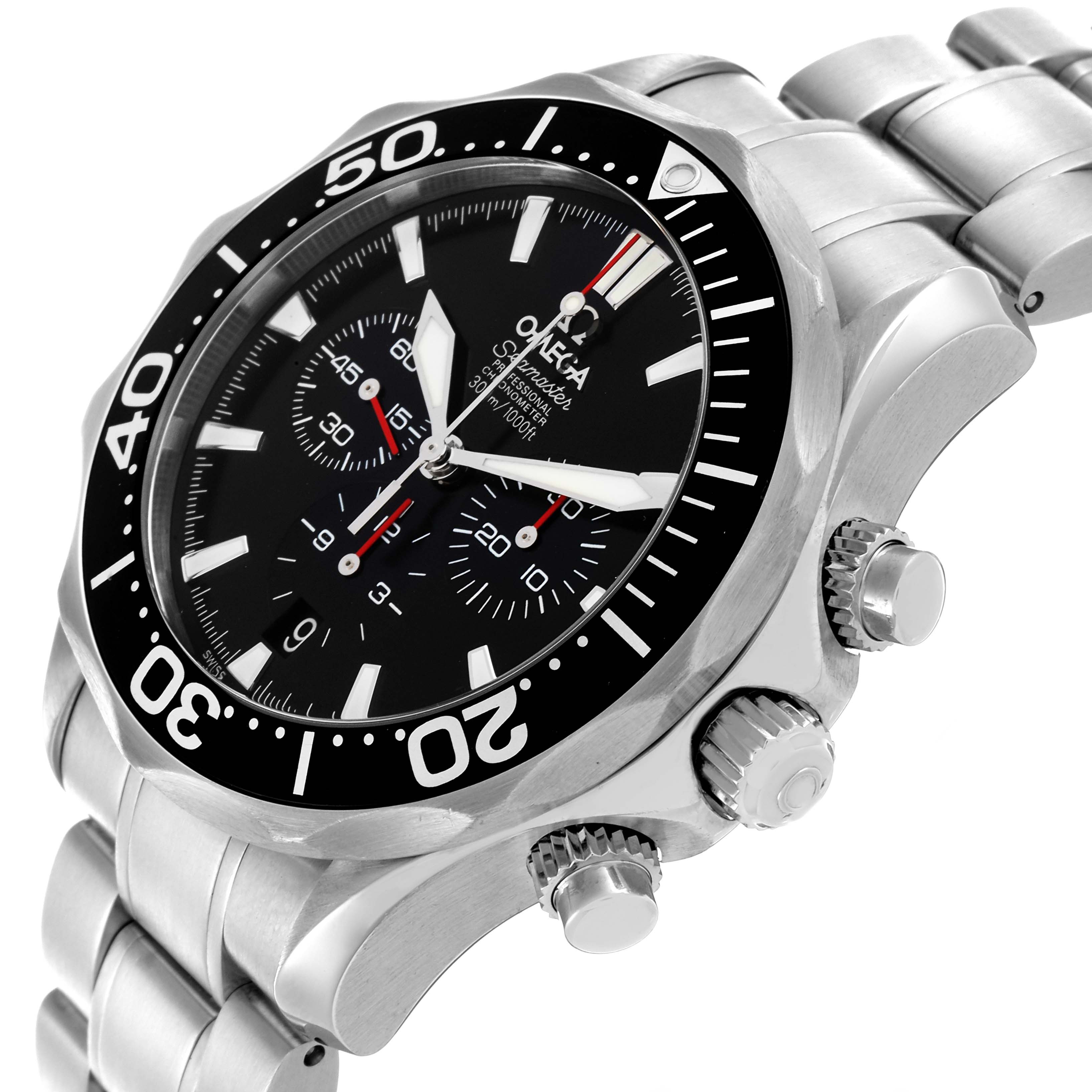 The Omega Seamaster 2594.52.00 Men
s Stainless Steel Black Dial 2594.52.00 Men
s Stainless Steel Black Dial watch is shown at an angled side view, displaying the bezel, dial, crown, pushers, and part of the bracelet.