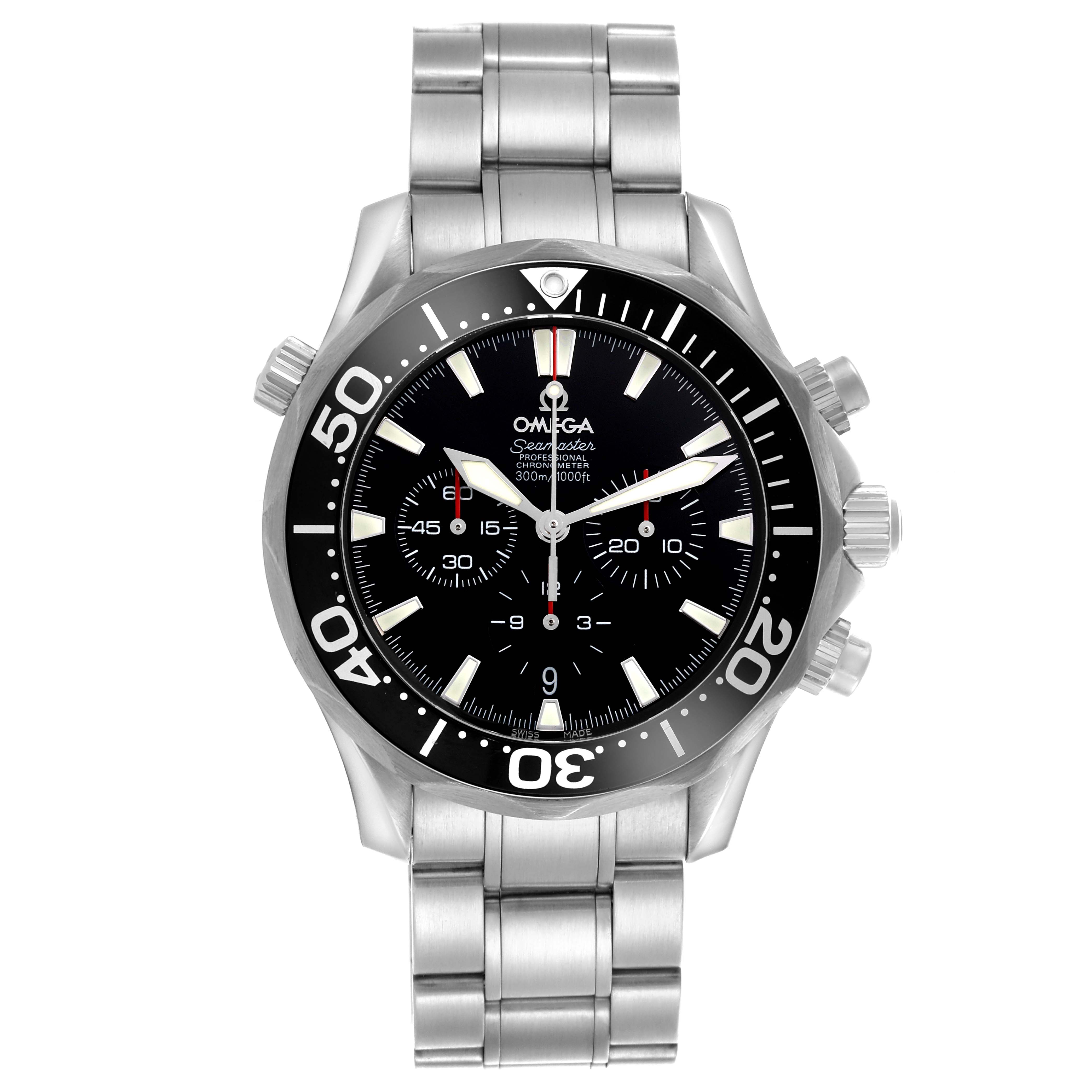 The image shows a front view of the Omega Seamaster 2594.52.00 Men
s Stainless Steel Black Dial 2594.52.00 Men
s Stainless Steel Black Dial watch, highlighting the dial, bezel, and bracelet.