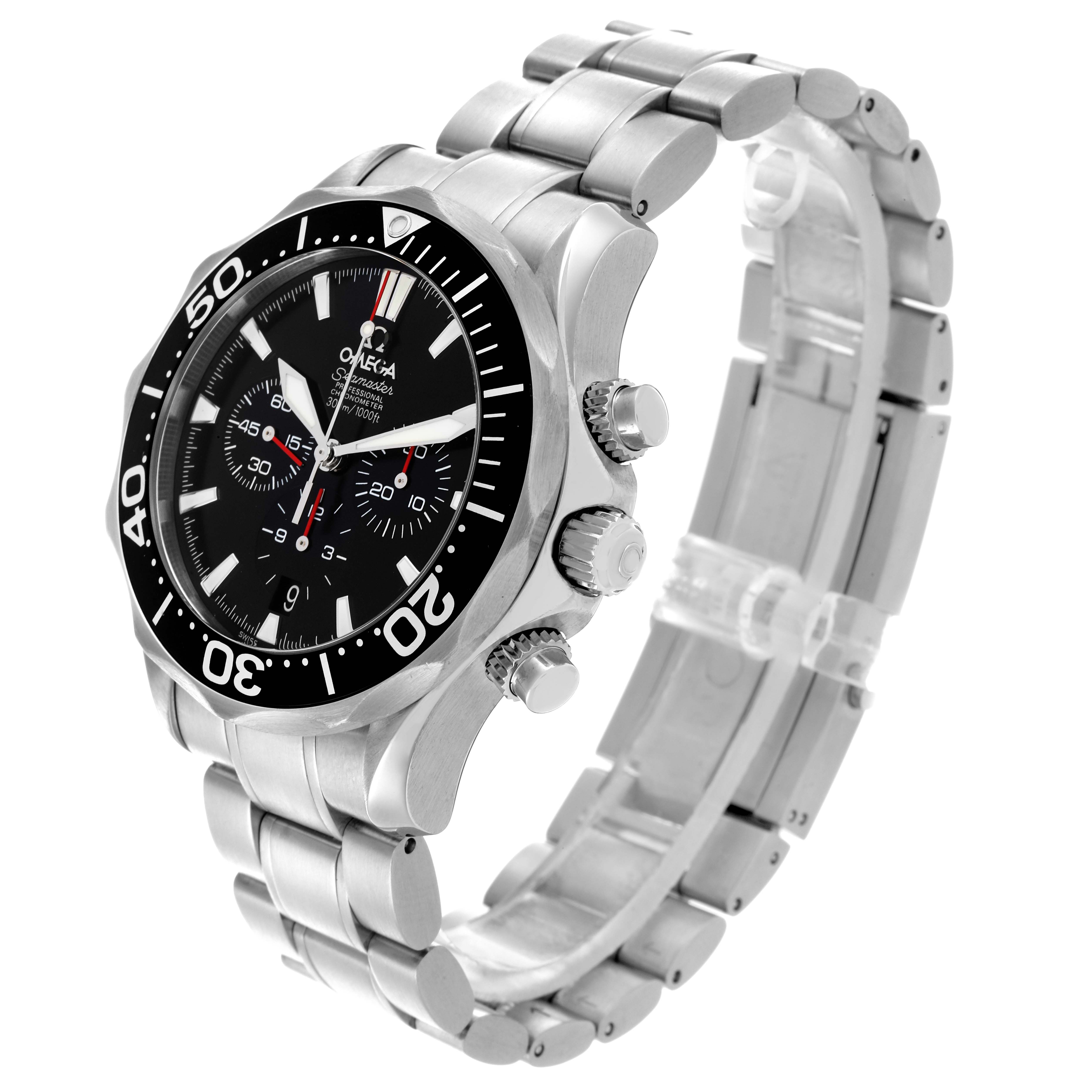 The Omega Seamaster 2594.52.00 Men
s Stainless Steel Black Dial 2594.52.00 Men
s Stainless Steel Black Dial watch is shown from a side angle, highlighting the bezel, dials, crown, and bracelet.