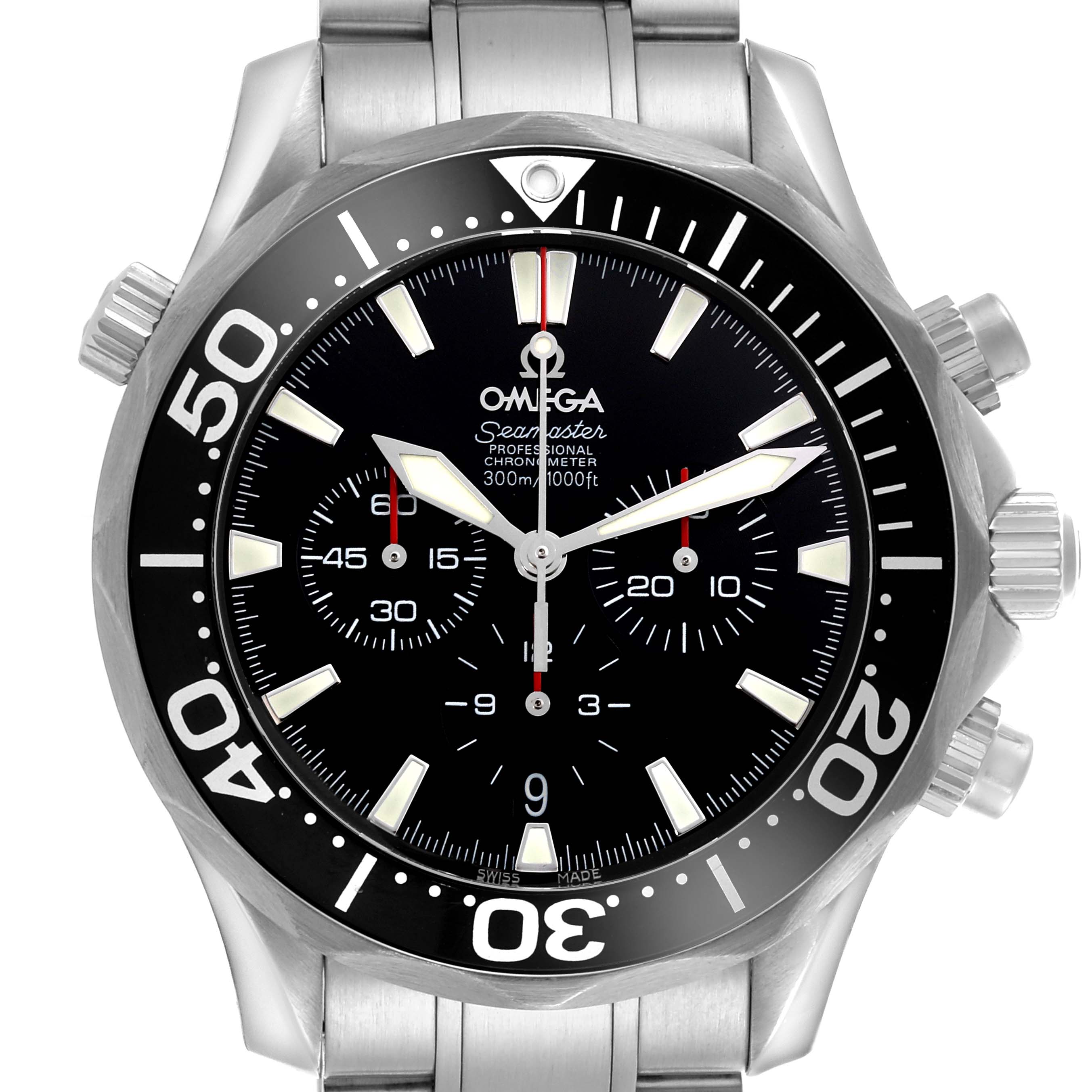 The Omega Seamaster 2594.52.00 Men
s Stainless Steel Black Dial 2594.52.00 Men
s Stainless Steel Black Dial watch is shown from the front, displaying the dial, bezel, subdials, and crown.