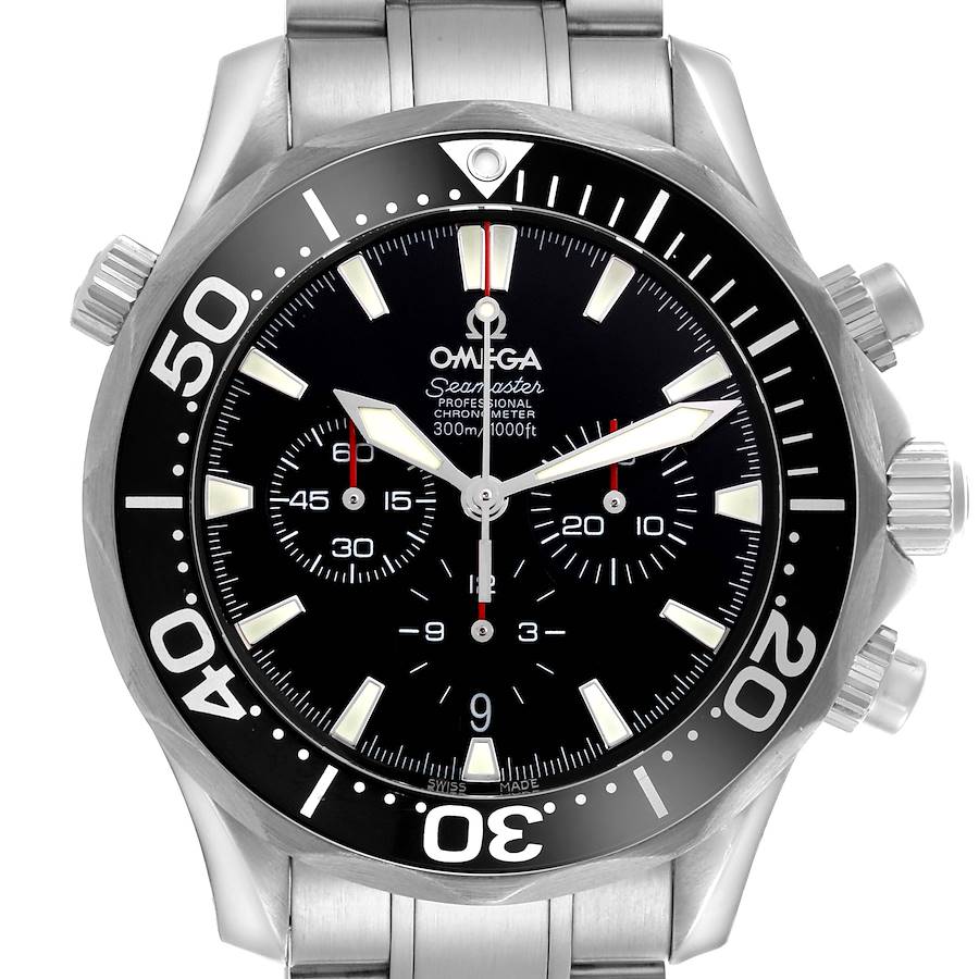 The Omega Seamaster watch is shown from the front, displaying the dial, bezel, subdials, and crown.