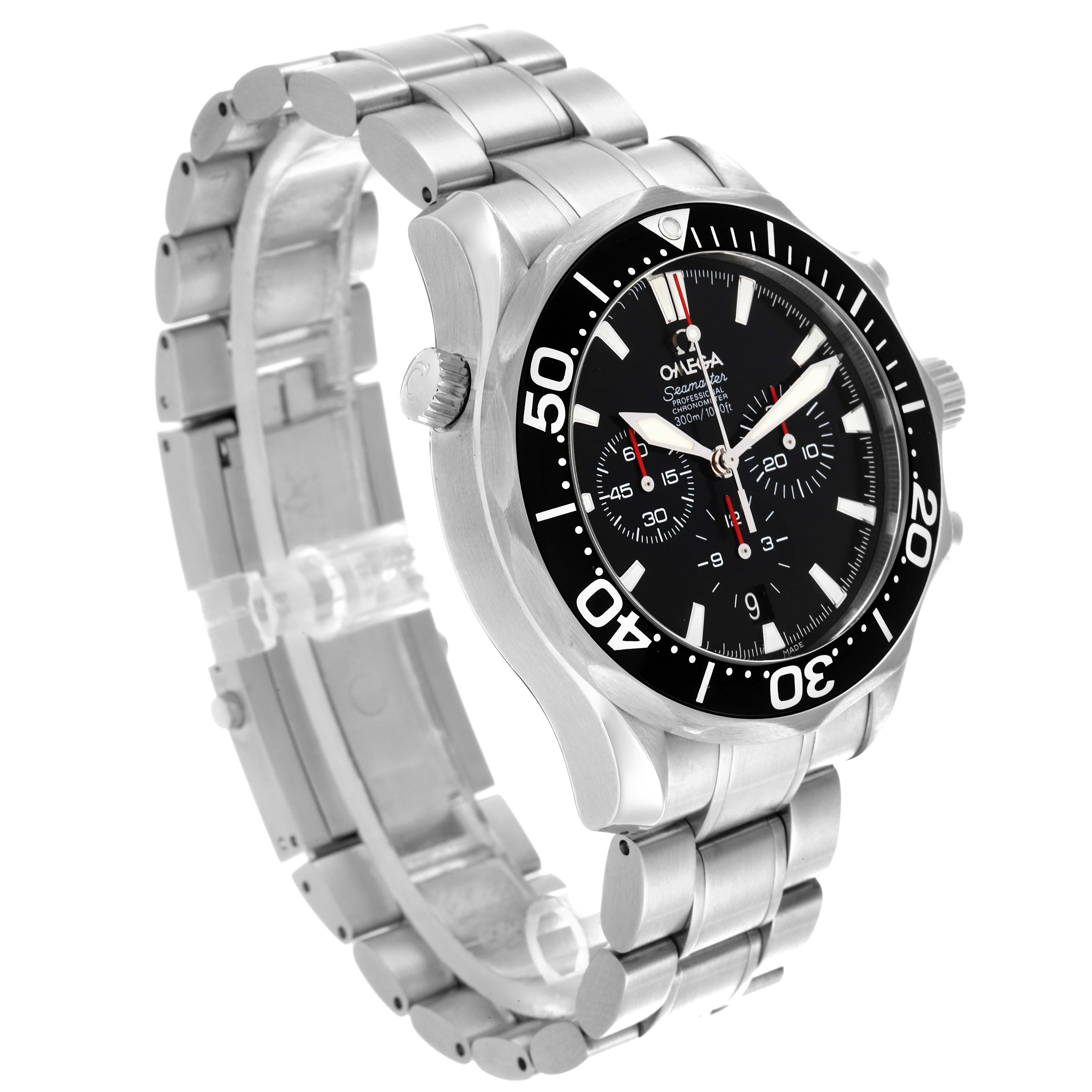 The Omega Seamaster 2594.52.00 Men
s Stainless Steel Black Dial 2594.52.00 Men
s Stainless Steel Black Dial is shown at a three-quarter angle, highlighting the dial, bezel, crown, and stainless steel bracelet.