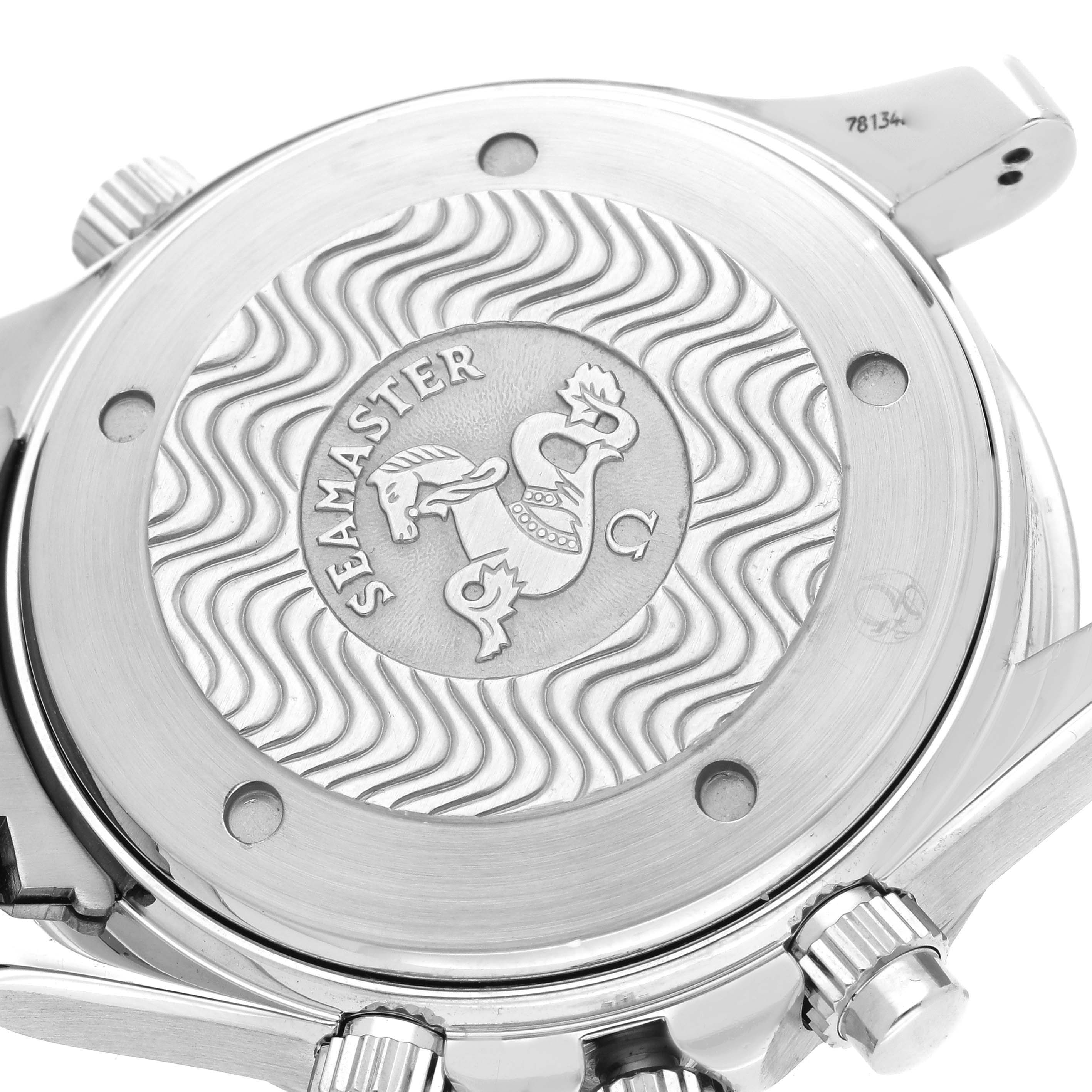 The image shows the case back of an Omega Seamaster 2594.52.00 Men
s Stainless Steel Black Dial 2594.52.00 Men
s Stainless Steel Black Dial watch with engraved details and a side view of the crown and pushers.