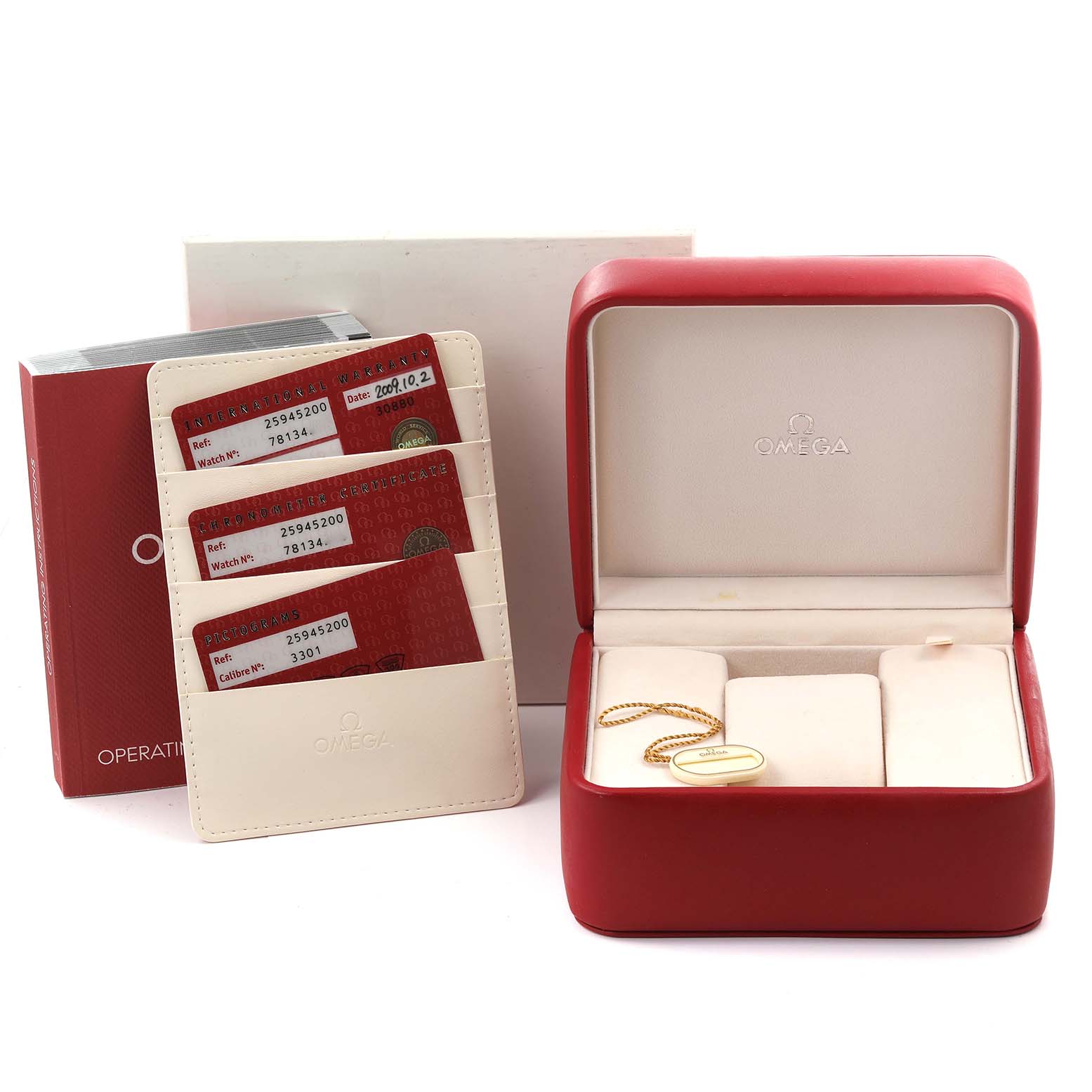 The image shows an open Omega Seamaster 2594.52.00 Men
s Stainless Steel Black Dial 2594.52.00 Men
s Stainless Steel Black Dial box, cards, and the manual.